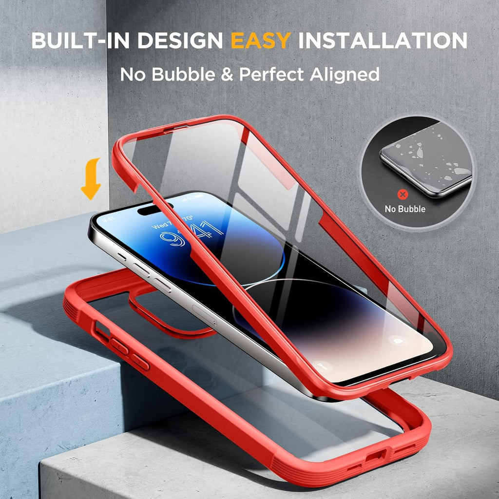 Miracase Glass Series Designed for iPhone 14 Pro Max Case 6.7 Inch, Upgrade Full-Body Bumper Case with Built-in 9H Tempered Glass Screen Protector, with Camera Lens Protector, Red