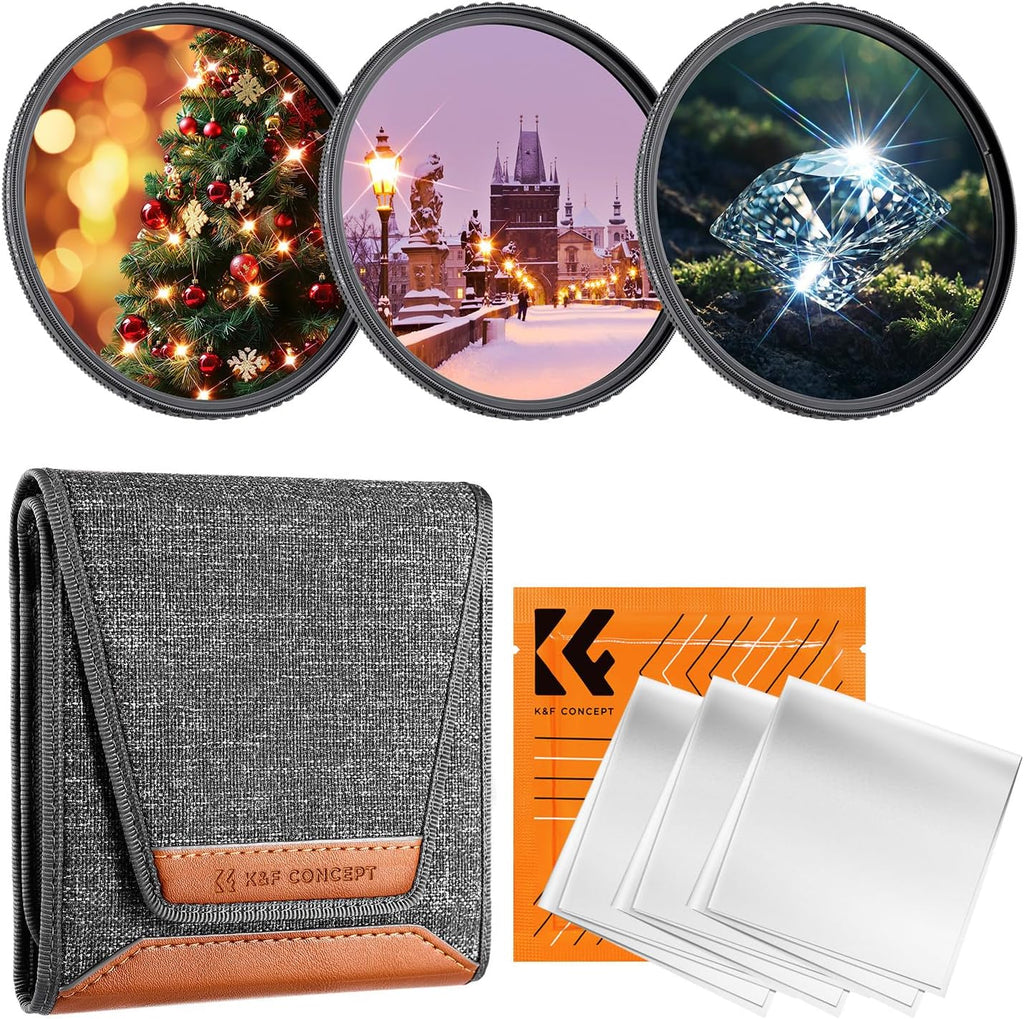 K&F CONCEPT 82mm Star Filters Kit (3pcs) 4 Points 6 Points 8 Points Cross Screen Starburst Filters Set -18 Layer Coating Ultra Slim Optical Glass Camera Lens Filter with 3 Cleaning Cloth