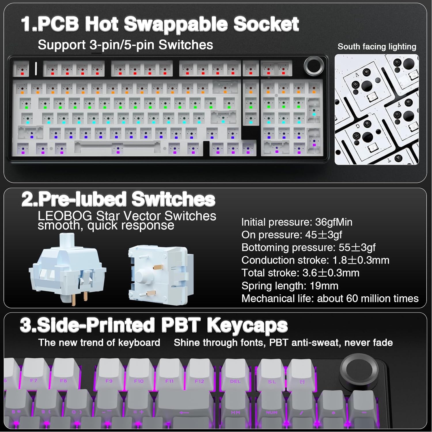 AULA F99 Pro Wireless Mechanical Keyboard with Knob,Tri-Mode BT5.0/USB-C/2.4GHz Hot Swappable Keyboard,Pre-lubed Switches,RGB Backlit PBT Keycaps Computer Gaming Keyboards (Side Printed Black)
