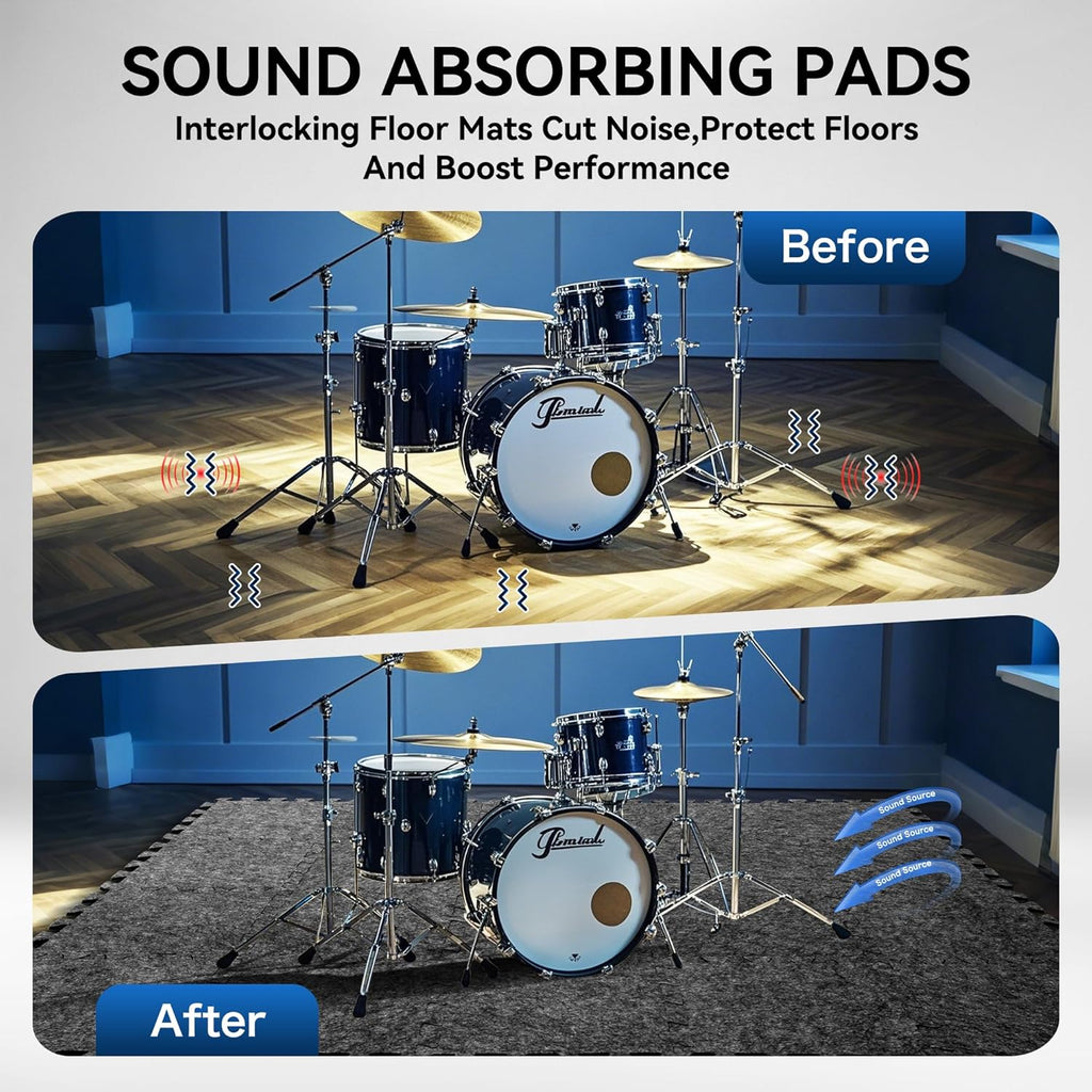 20 Pcs Sound Absorbing Interlocking Floor Mats Pads, 11" x 11" x 0.4"sound absorbing rug, Non-Slip Anti Vibration Sound Proof Puzzle Felt Padding, High Density Piano Carpet Drum Rug for Music Studio