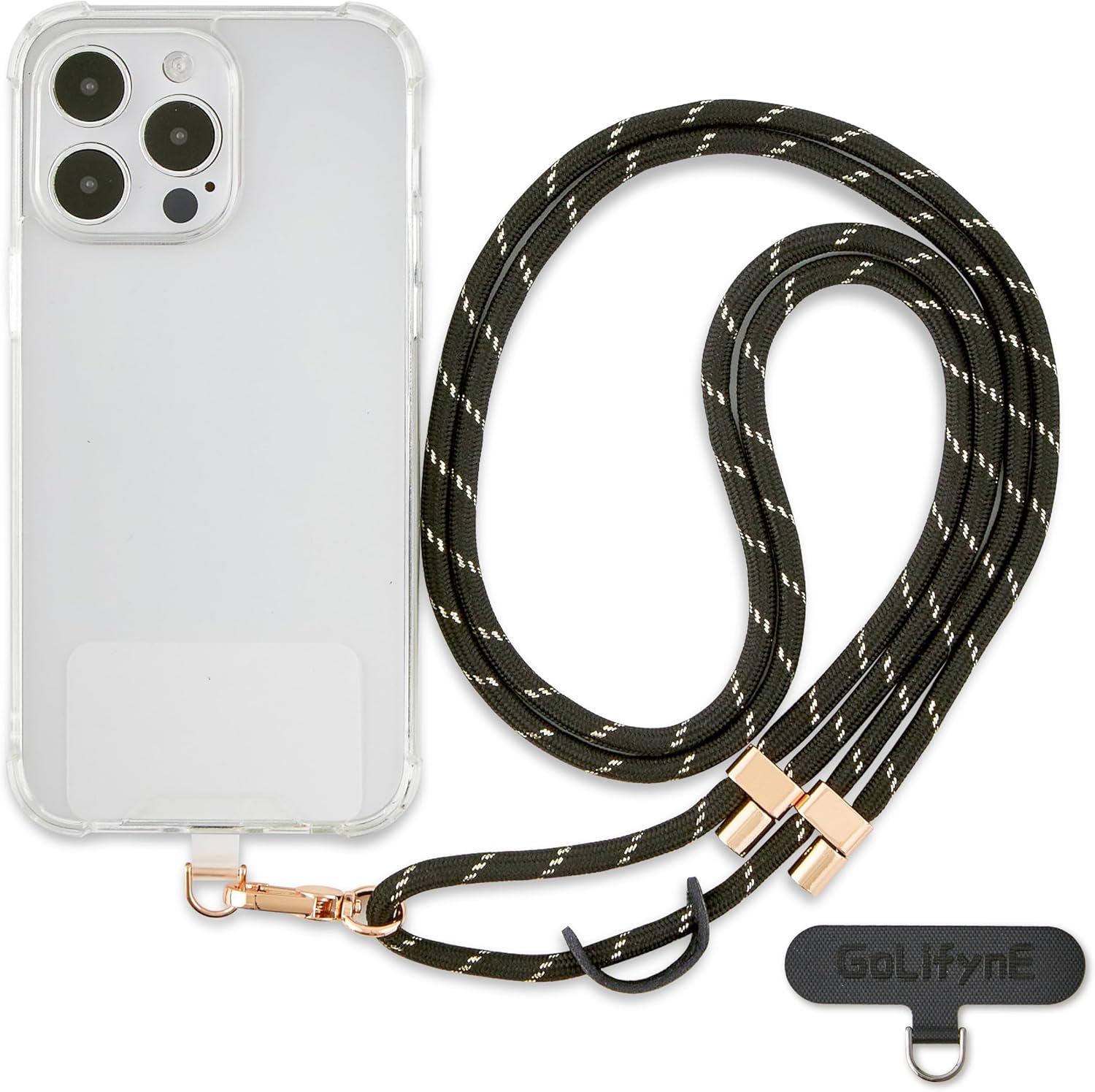 Universal Phone Lanyard, Anti-Theft Crossbody Strap for iPhone 16 Pro Max and Most Smartphone, Adjustable Cell Phone Neck Holder w/2 Non-Adhesive Tether Tab for Men and Women, Black-Gold/Gold