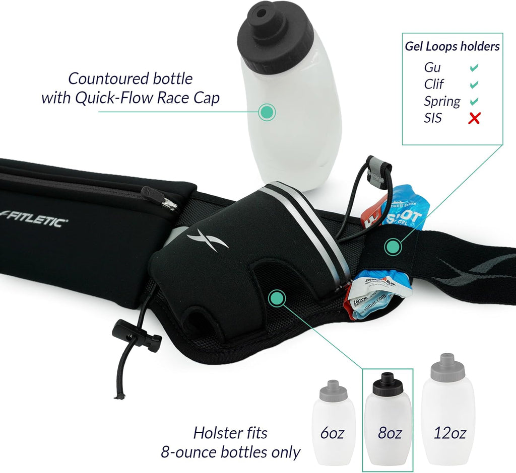 Fitletic Hydration Running Belt with Water Bottles for Men & Women – 2 Quick Flow 8oz Running Water Bottles, Patented Bounce Free Design, Water Resistant Pouch Fits All Phones – Hydra 16