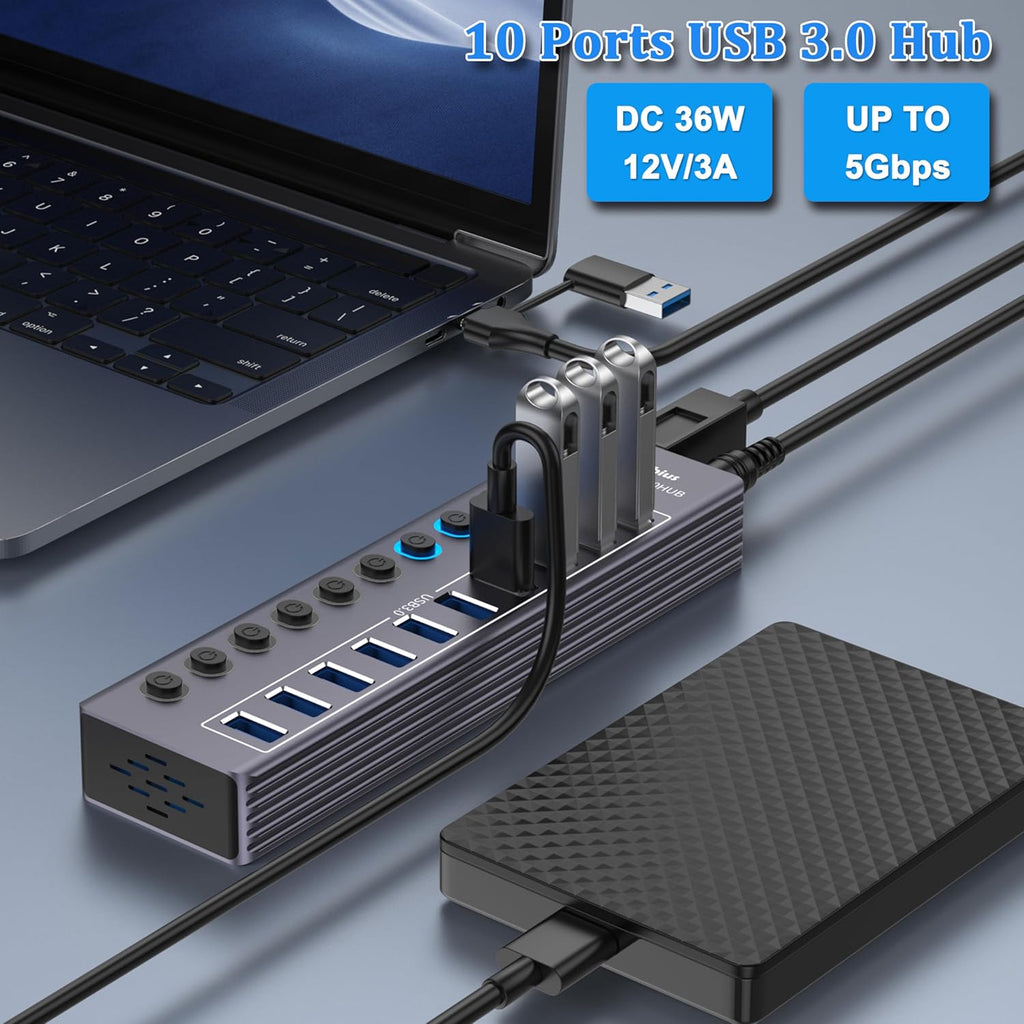 Powered 10-Port USB 3.0 Hub, USB C to 10 Ports USB Data Hub Splitter with Individual LED On/Off Switche, 3.3FT Cable, 12V/3A Power Adapter, for Laptop MacBook Pro/Air PC (Aluminum Gary)