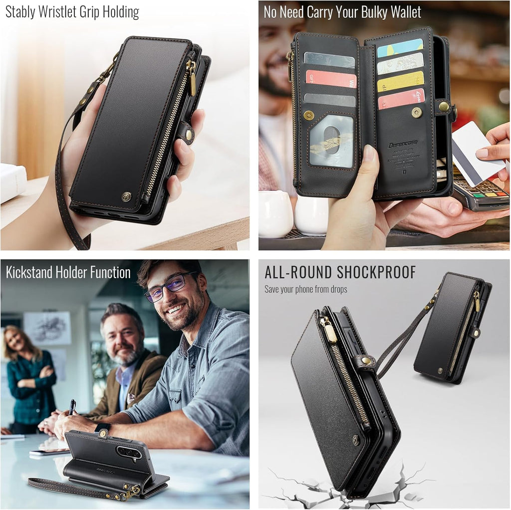 Defencase for Galaxy A26 5G Case Wallet with RFID Blocking Card Holder for Women Men, Fashion PU Leather Magnetic Snap Flip Zipper Wrist Strap Wallet Phone Case for Samsung Galaxy A26 5G, Black