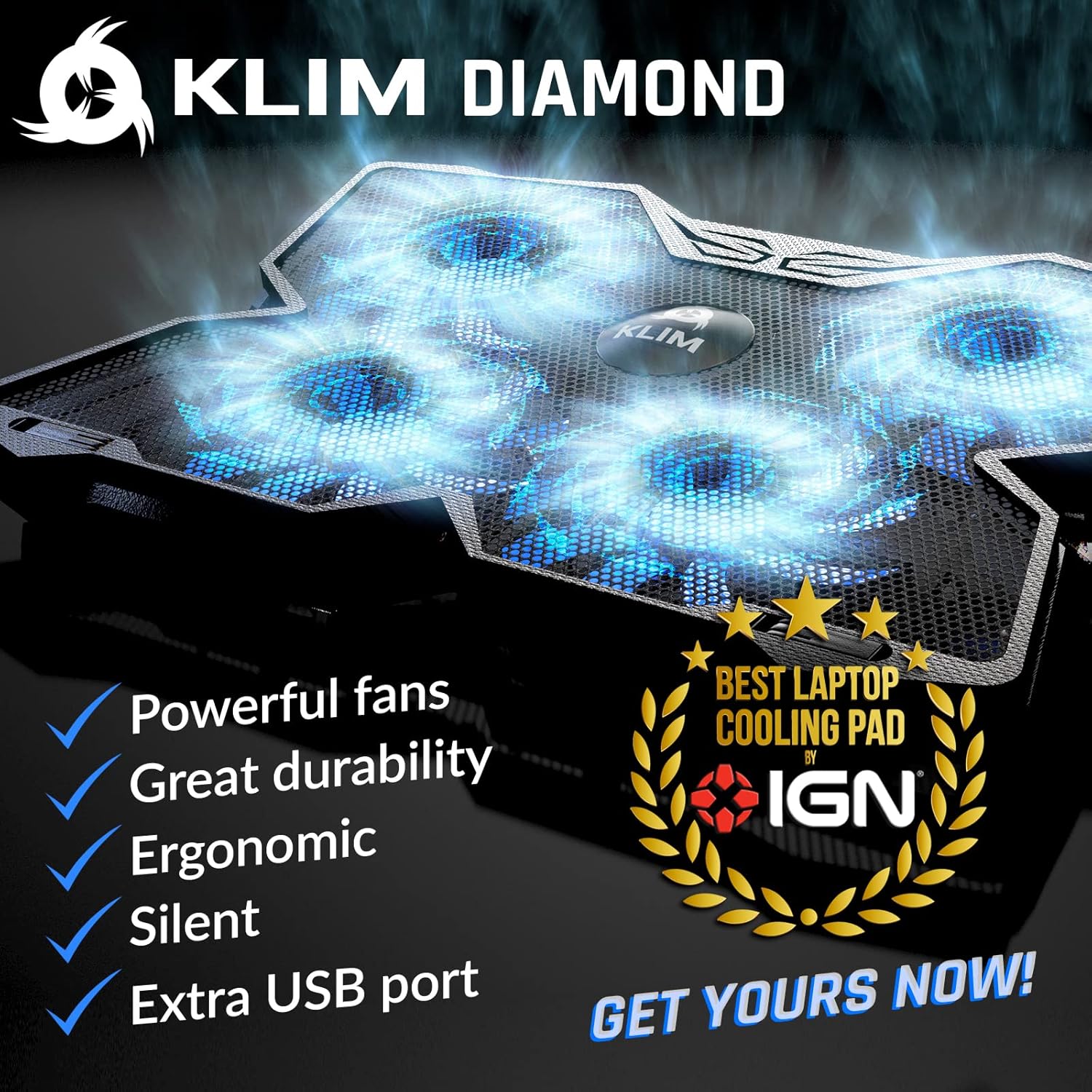 KLIM Wind Laptop Cooling Pad - More Than 500,000 Units Sold - New Version - Powerful Rapid Action Laptop Cooler - Laptop Stand with 4 Cooling Fans - 2 USB Ports - PC Mac PS5 PS4 Xbox One - Diamond