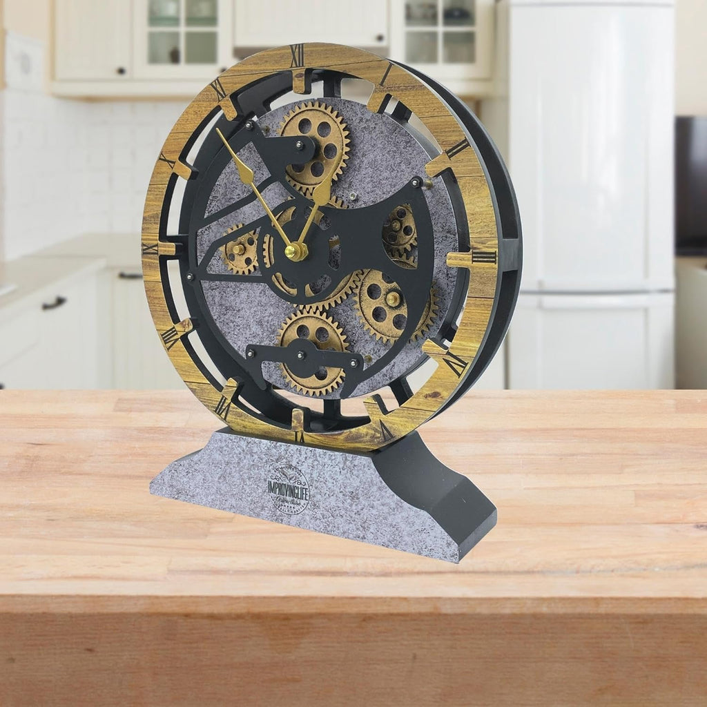 Desk Clock 10 inches with Real Moving Gears Convertible into Wall Clock (Brown and Grey)
