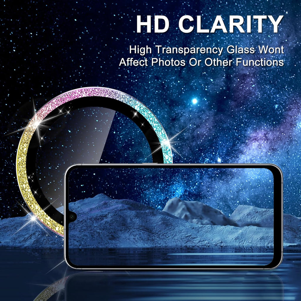 for Samsung Galaxy A06 Camera Lens Protector, Individual Metal Ring Tempered Glass Lens Cover, [Strong Adsorption] Scratch Resistant Ultra-Thin HD Clear Lens Cover, 1 Set-Colorful Sparkly