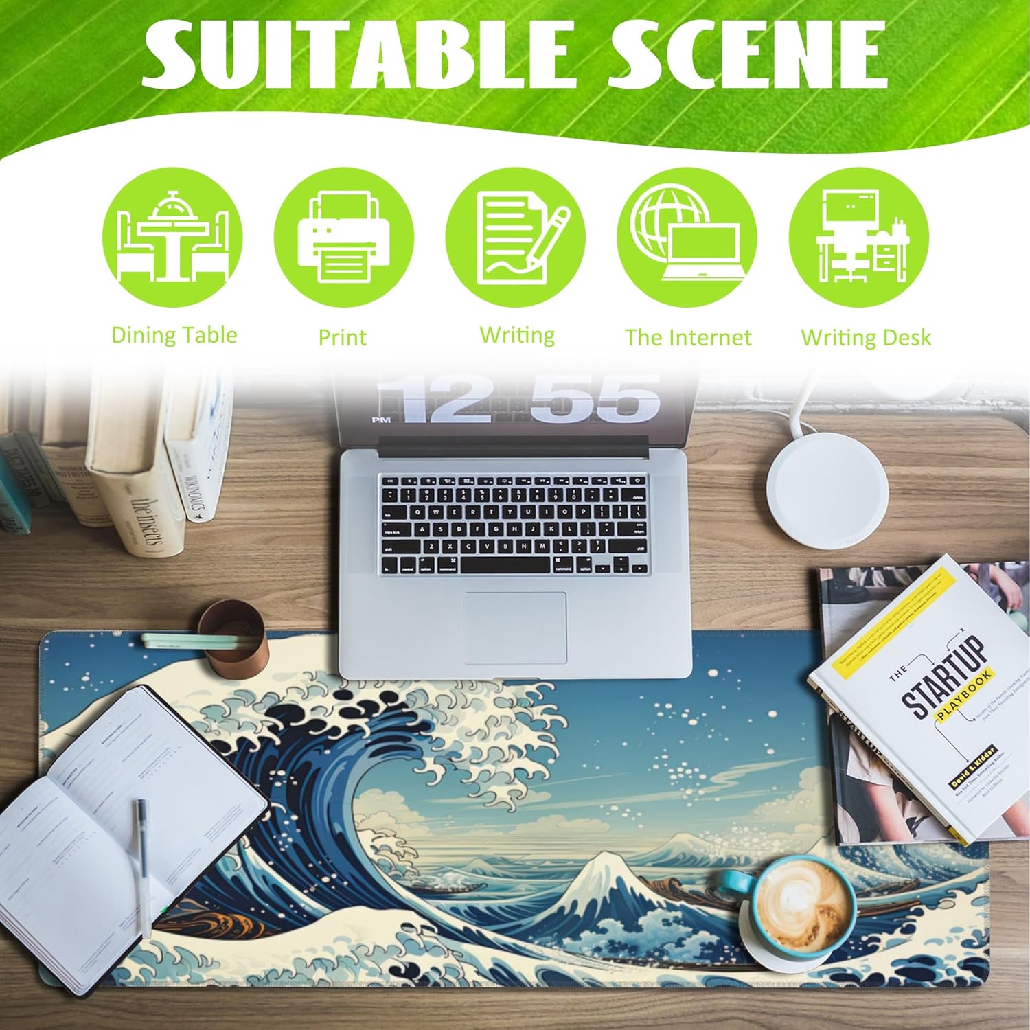 Desk Mat,Blue Japanese Sea Wave Desk Pad,Japanese Sea Wave Large Gaming Mouse Pad for Desk,Extended Big Computer Keyboard Mouse Pad with Non-Slip Base and Stitched Edge,31.5"x11.8"