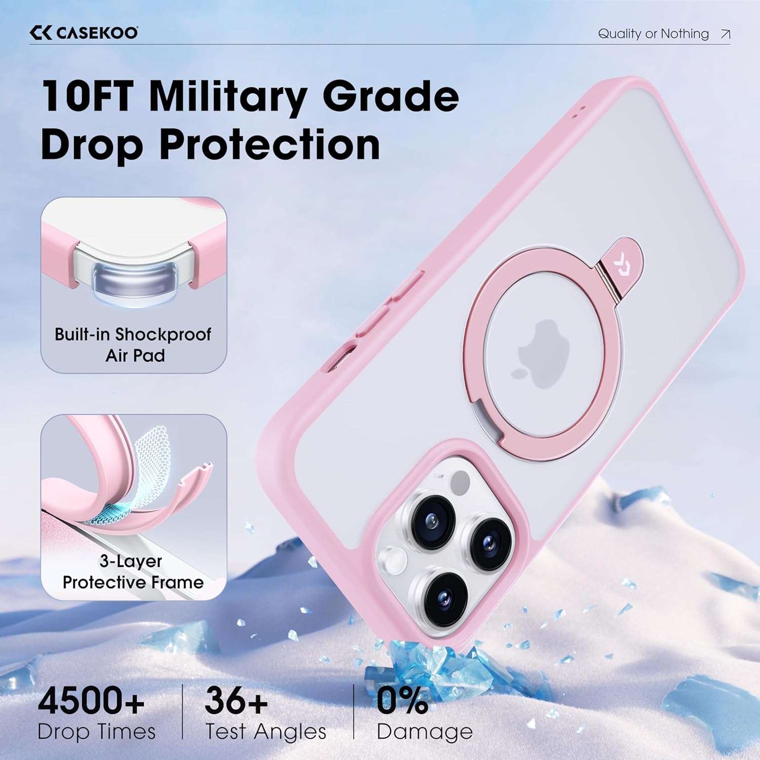 CASEKOO Designed for iPhone 16 Pro Case with Magnetic Invisible Stand [Military Drop Protection] [Compatible with MagSafe] Shockproof Translucent Matte Slim Phone Cover 6.1", Pink