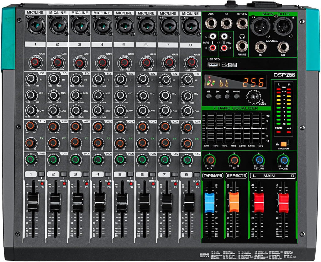 Depusheng PA8 Professional Audio Mixer Sound Board Console Desk System Interface 8 Channel Digital USB Bluetooth MP3 Computer Input 48V Phantom Power Built-in 256 Reverb Effect, Black