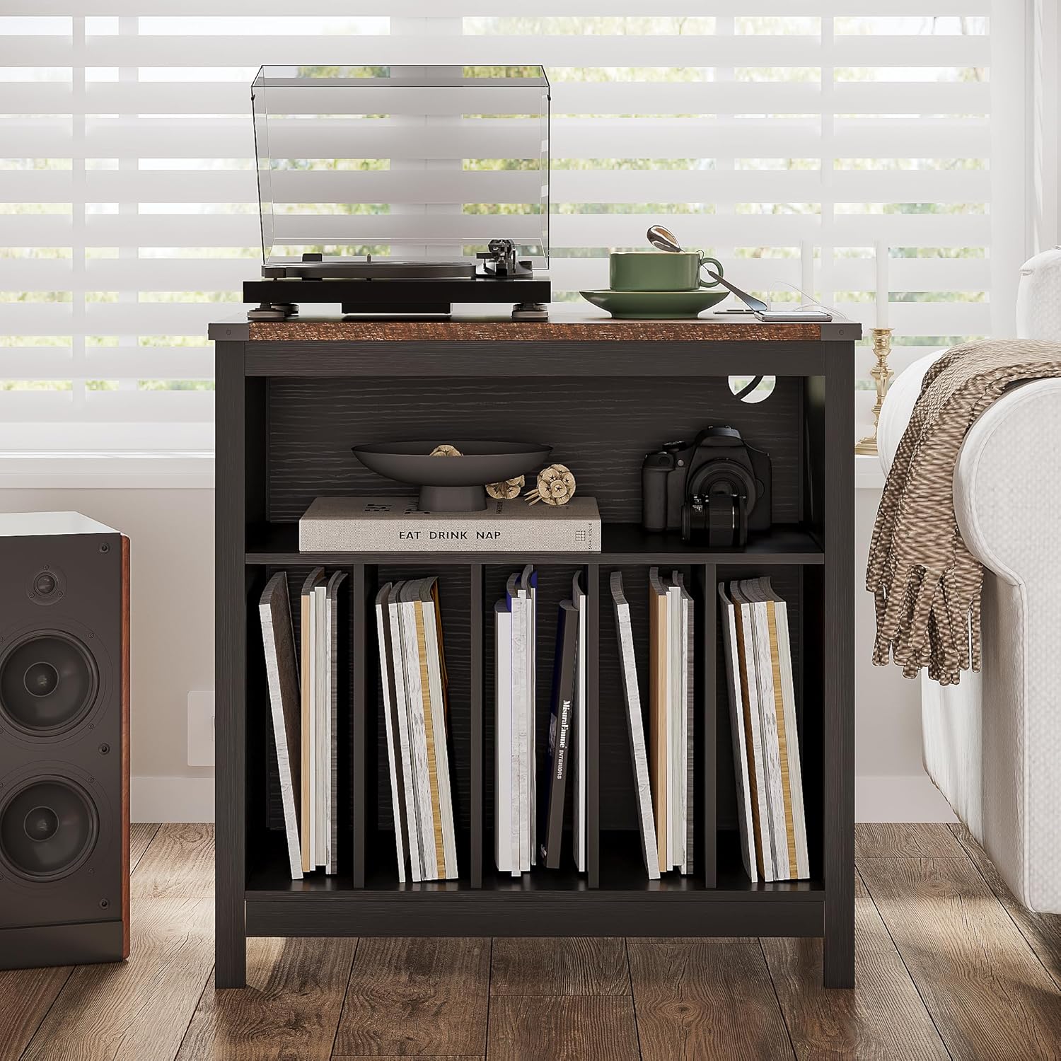 ChooChoo Large Record Player Stand with Charging Station & LED Light, Vinyl Record Holder hold up to 300 Albums, Farmhouse End Table for Bedroom, Living Room, Black