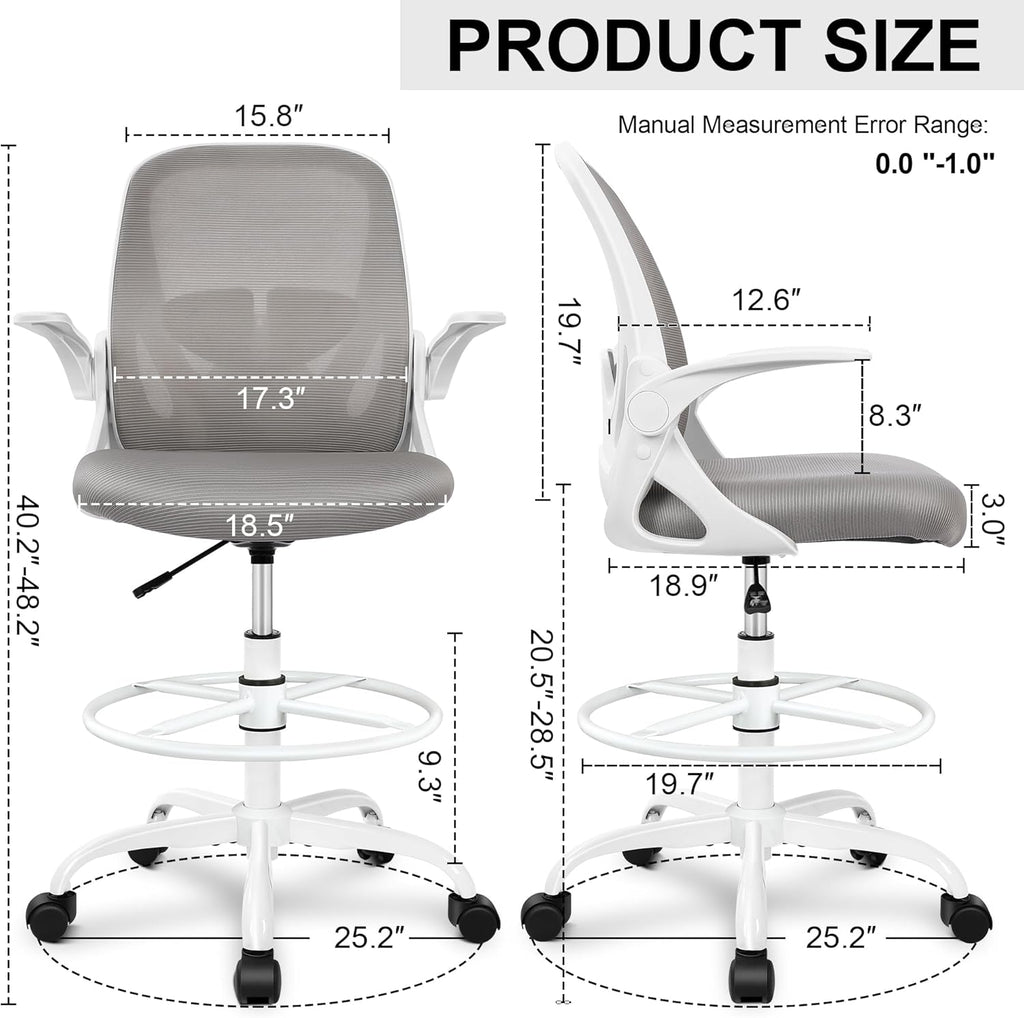 Primy Ergonomic Drafting Chair with Flip-up Armrests Tall Office Chair for Standing Desk Comfortable Desk Chair with Adjustable Footrest Ring and Lumbar Support in Gray Perfect for Home and Office Use