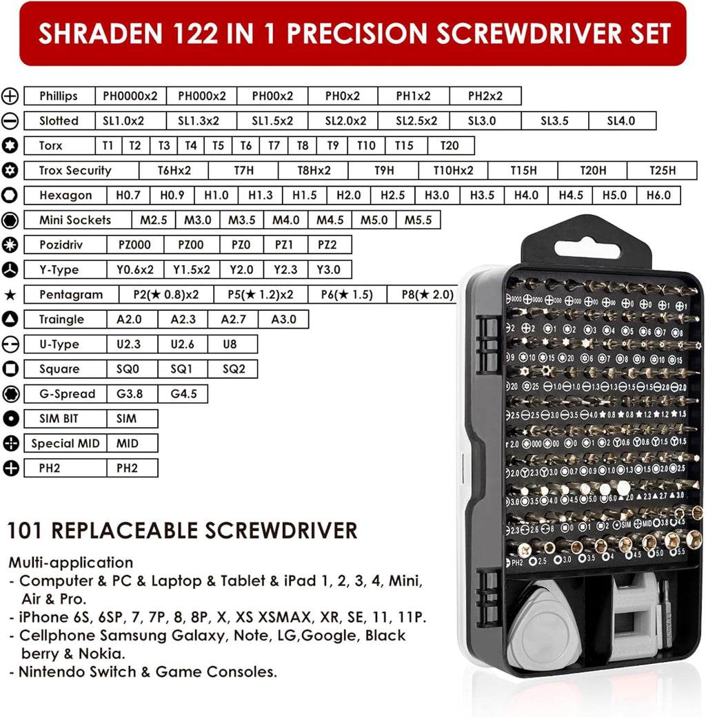 Precision Screwdriver Set, SHARDEN 122 in 1 Electronics Magnetic Repair Tool Kit with Case for Repair Computer, iPhone, PC, Cellphone, Laptop, Nintendo, PS4, Game Console, Watch, Glasses etc (Grey)