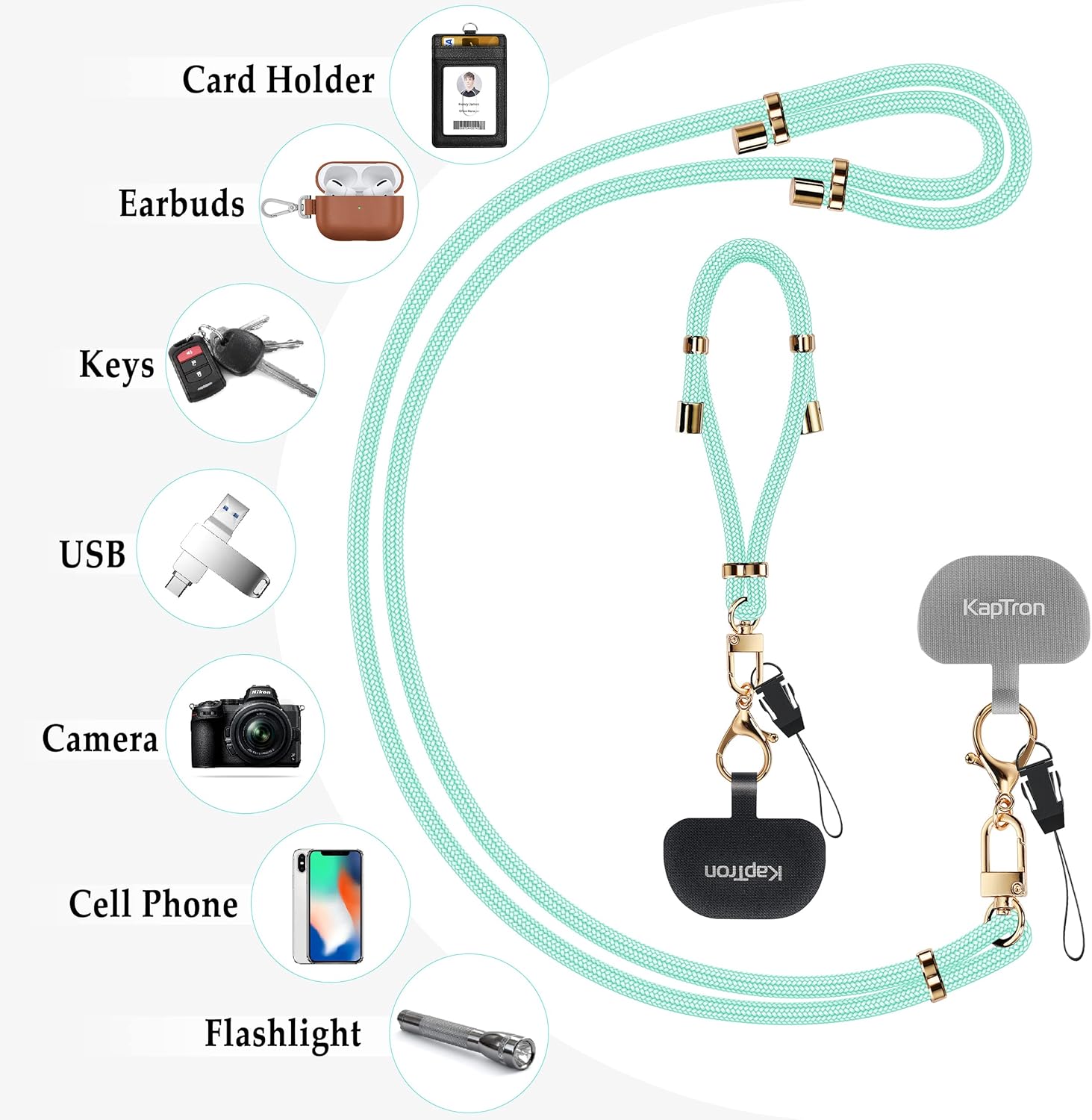 Universal Phone Lanyard with Wrist Strap, Adjustable Crossbody Cell Phone Lanyard Neck Strap and Wristlet Strap with 2 Lobster Clips, Phone Tether Patches and Phone Straps (Mint Green, 2 Pack)