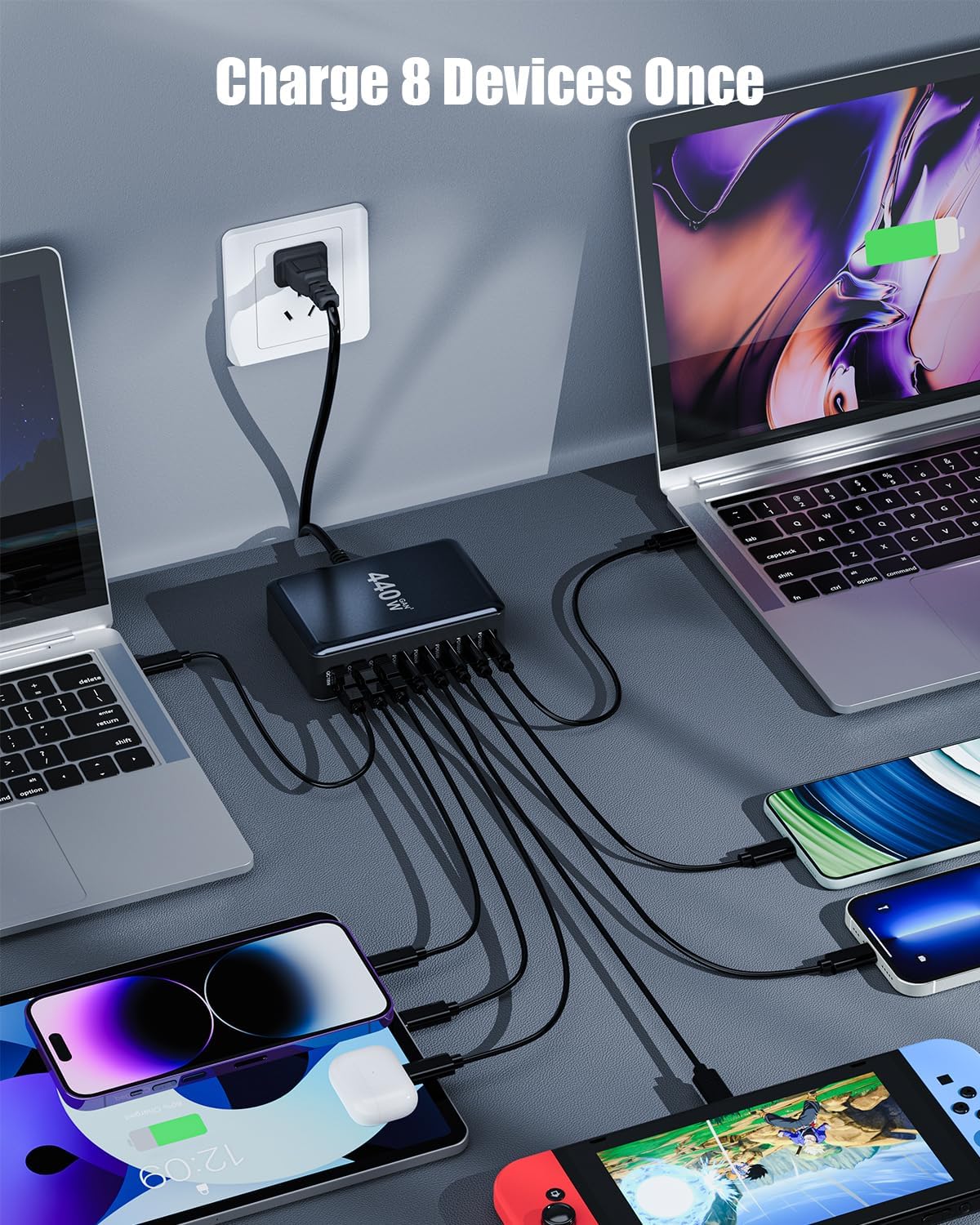 USB C Charger Block 440W Charging Station Hub,8 Port GaN III Fast Charging Brick with 5ft Extension Cord,PD PPS 100W Laptop Power Adapter for MacBook Pro/Air,iPhone 16/15,Samsung Galaxy,Dell