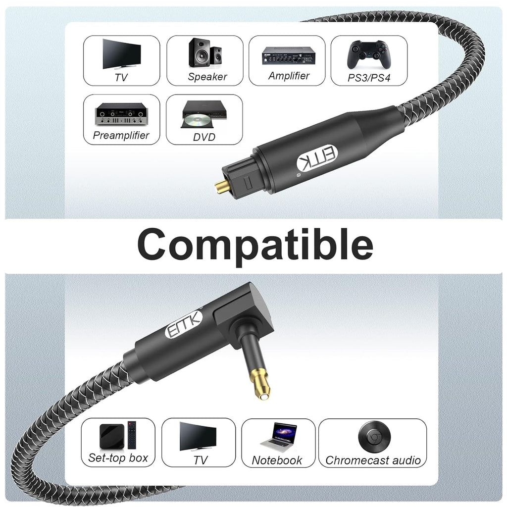 EMK Premium 90° Right-Angle Mini Toslink Cable (6Ft/2M) - 3.5mm Optical Digital Audio Cable for Sound Bars, TVs & Home Theater - SPDIF/Toslink Compatible, Black