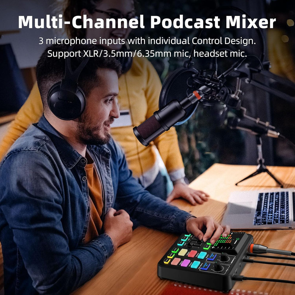 PUPGSIS Gaming Audio Mixer, Audio Interface for PC/Podcast/Streaming, Sound Board with 3.5mm/XLR Mic Input, 48V Phantom Power, Voice Changer, Live Sound Card with DJ Mixer Effects/Bluetooth/4 Channel