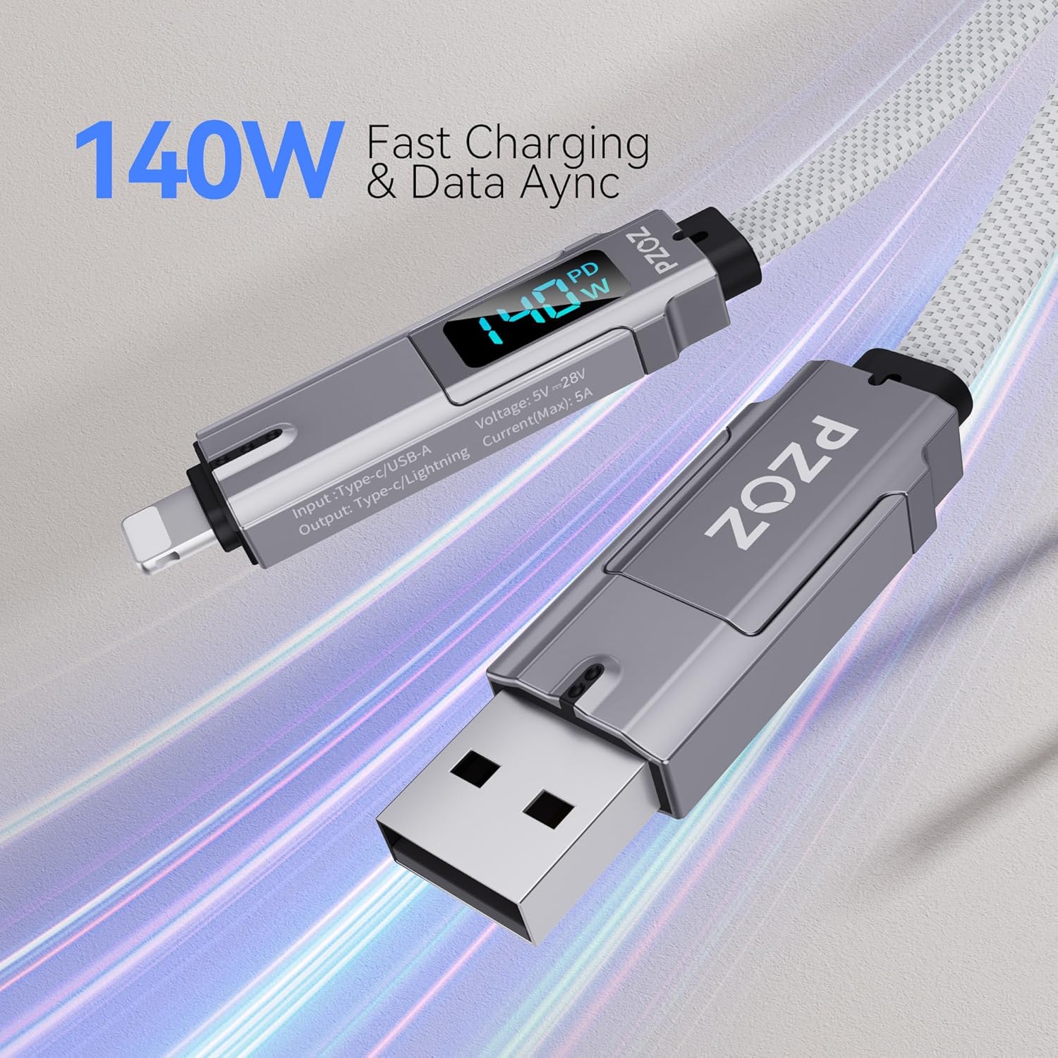pzoz 4-in-1 USB C Fast Charging Cable with LED Display, Multi USBC Charger Combo Lightning/Type C/USB A Metal Ports for iPhone 16/15/14 Pro Max iPad MacBook AirPods Pro Samsung Google (140W, 5 ft)