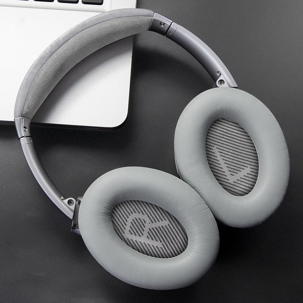 SoloWIT Replacement Earpads Cushions for Bose QuietComfort 35 (QC35) & Quiet Comfort 35 II (QC35 ii) Headphones, Ear Pads with Softer Leather, Noise Isolation Foam, Added Thickness (Grey)