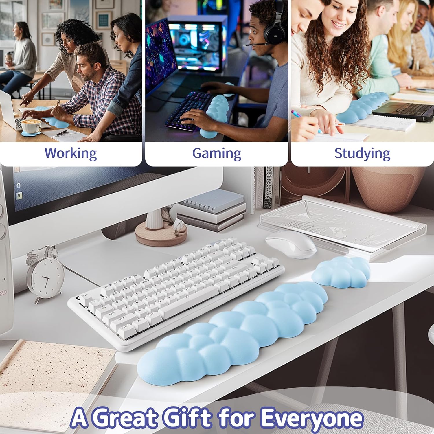 Cloud Wrist Rest Keyboard, Cloud Keyboard Wrist Pad Set with PU Leather Memory Foam, Cute Arm Rest for Palm Support, PC/Gaming Desk Accessories/Office Setup/Computer Hand Cushion - Blue