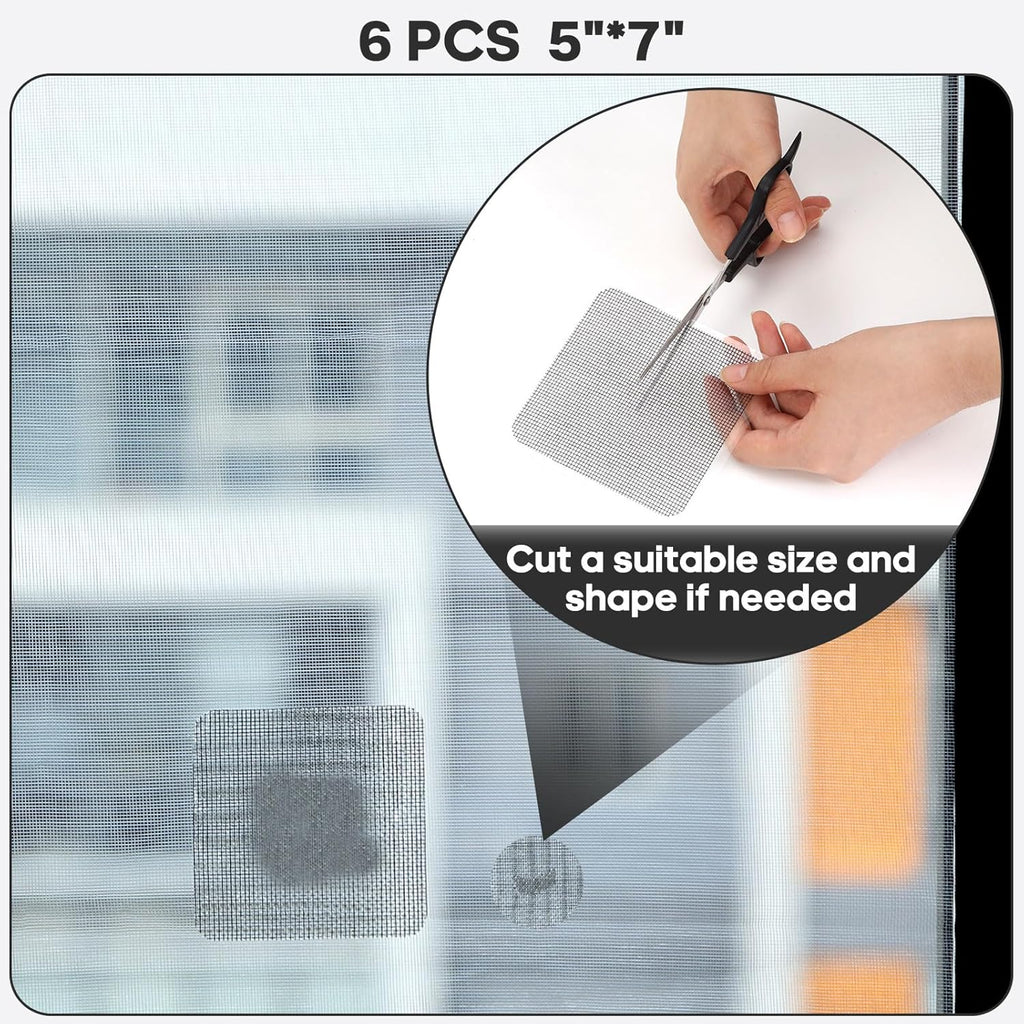 5" x 7" Black/Grey Screen Repair Kit, 6 PCS Window Screen Patch Repair Tape for Mesh Window Door, Strong Adhesive Fiberglass Mesh Pacth Tape