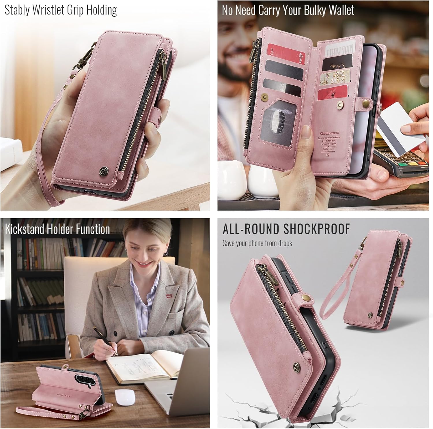 Defencase for Galaxy A26 5G Case Wallet with RFID Blocking Card Holder for Women Men, Fashion PU Leather Magnetic Snap Flip Zipper Wrist Strap Wallet Phone Case for Samsung Galaxy A26 5G, Rose Pink