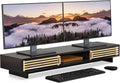 Dual Monitor Stand Riser with Sliding Door, Double Computer Laptop Stand Desk Shelf Organizer with Storage (Black + Natural Bamboo, 38 Inch)