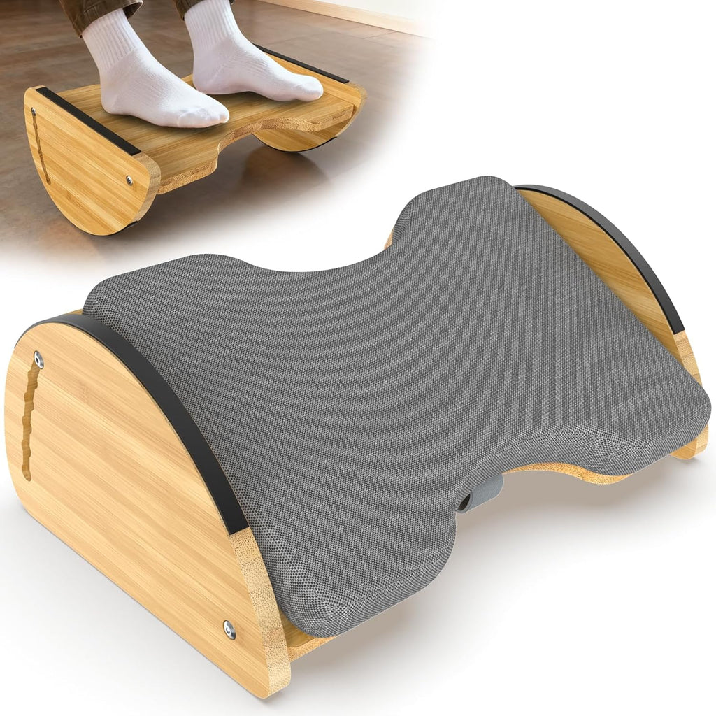 Bamboo Foot Rest for Under Desk at Work - 3-in-1 Reversible Rocking Desk Footrest with Foam Cushion Pad and 6 Adjustable Heights, Ergonomic Foot Rest with Washable Cover for Home, Office and Gaming