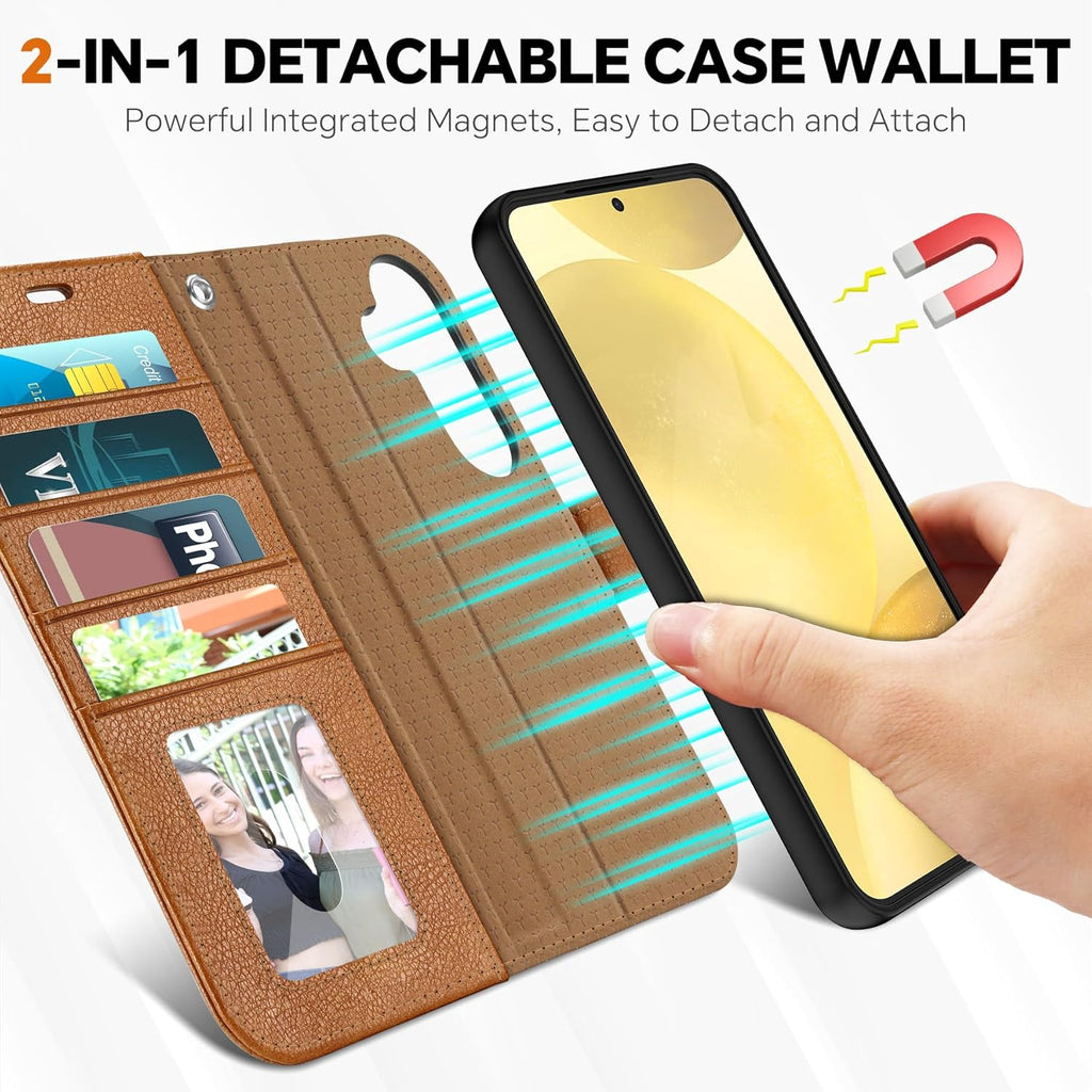 TUCCH Wallet Case for Galaxy S25 Plus, Removable 2 in 1 RFID Blocking [4 Card Slots] Wrist Strap [Wireless Charging] Kickstand PU Leather Magnetic Detachable Folio Cover for Galaxy S25 Plus, Brown