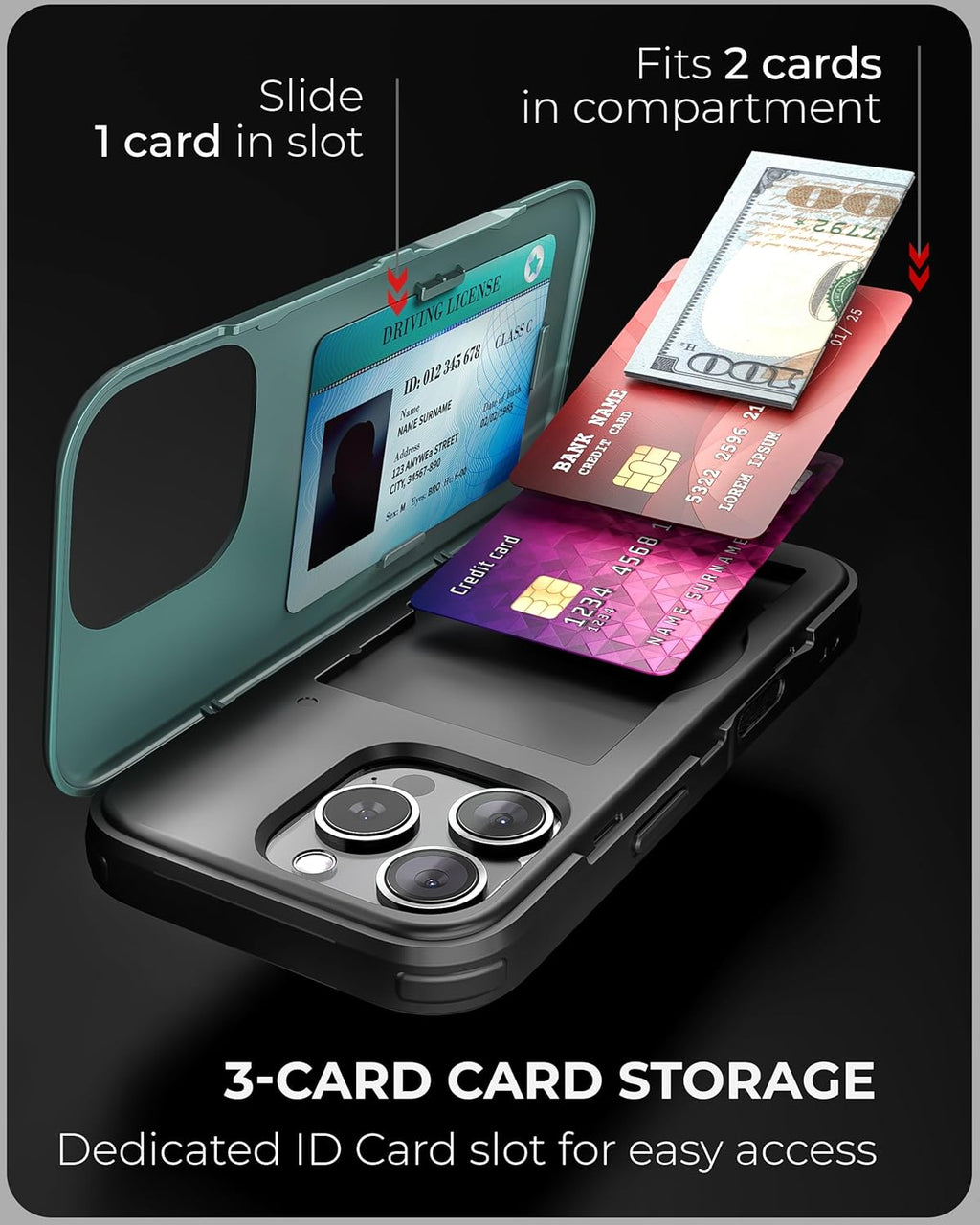 TORU CX Slim for iPhone 16 Pro Case Wallet | Protective Shockproof Heavy Duty Cover with Hidden Card Holder & Card Slot | Mirror & Wrist Strap Included - Green