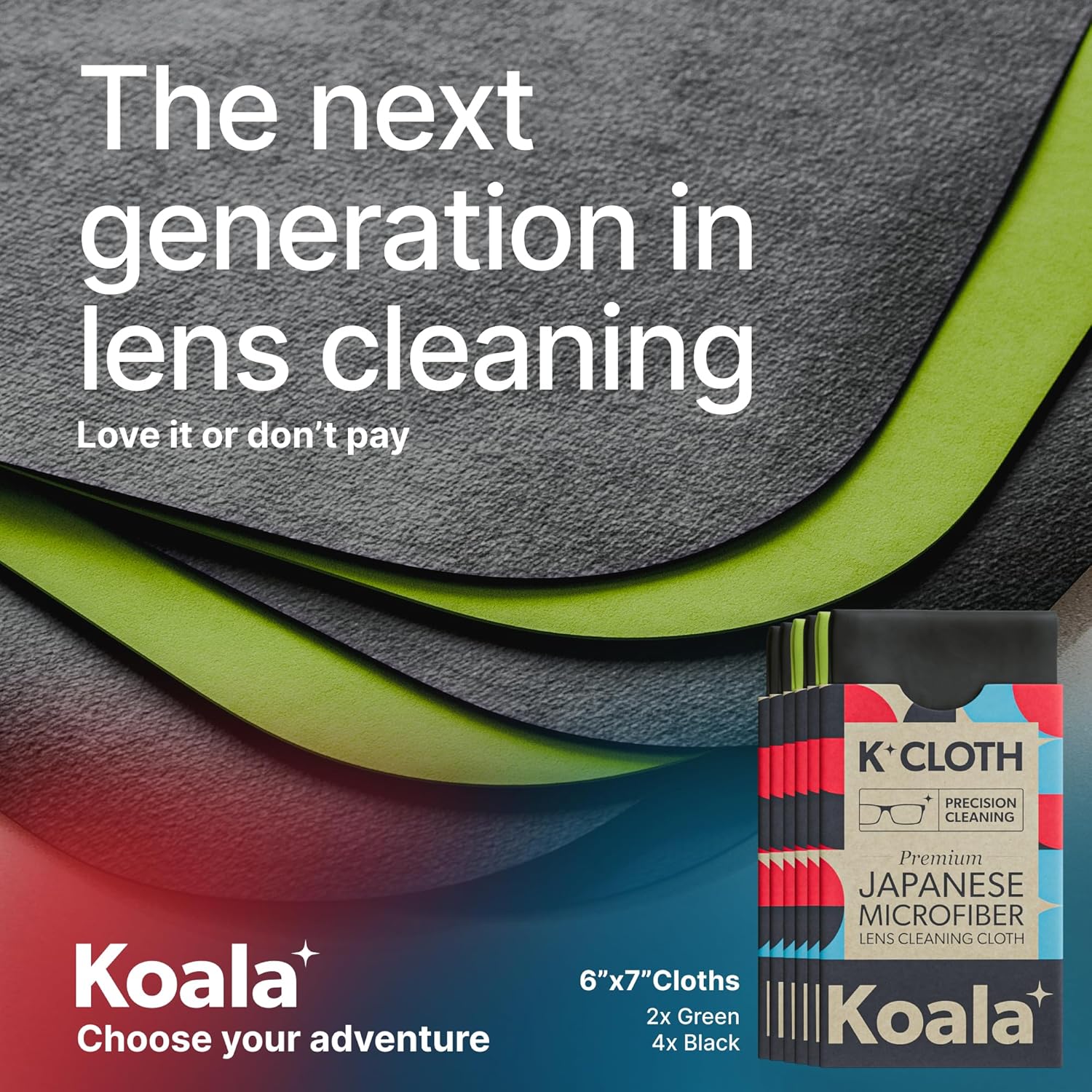 Koala Lens Cleaning Cloth | Japanese Microfiber | Glasses Cleaning Cloths | Eyeglass Lens Cleaner | Eyeglasses, Camera, VR/AR Headset, and Screen Cleaner | Black & Green (Pack of 6)