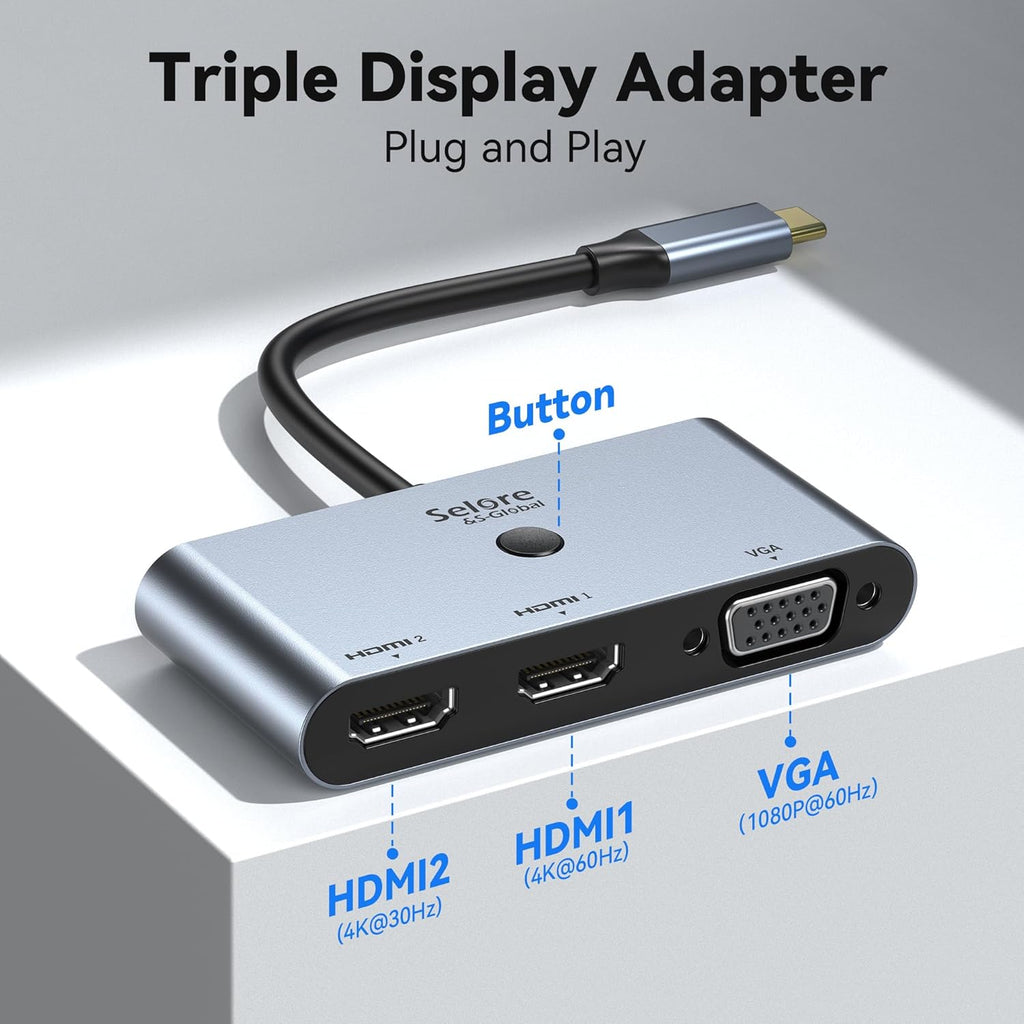 Selore USB C Docking Station 3 Monitors, USB C to Dual HDMI VGA Adapter with One-Touch Multi-Screen Switch and Screen On/Off Button, HDMI Splitter Converter for Dell, HP, Lenovo,MacBook Pro/Air, etc