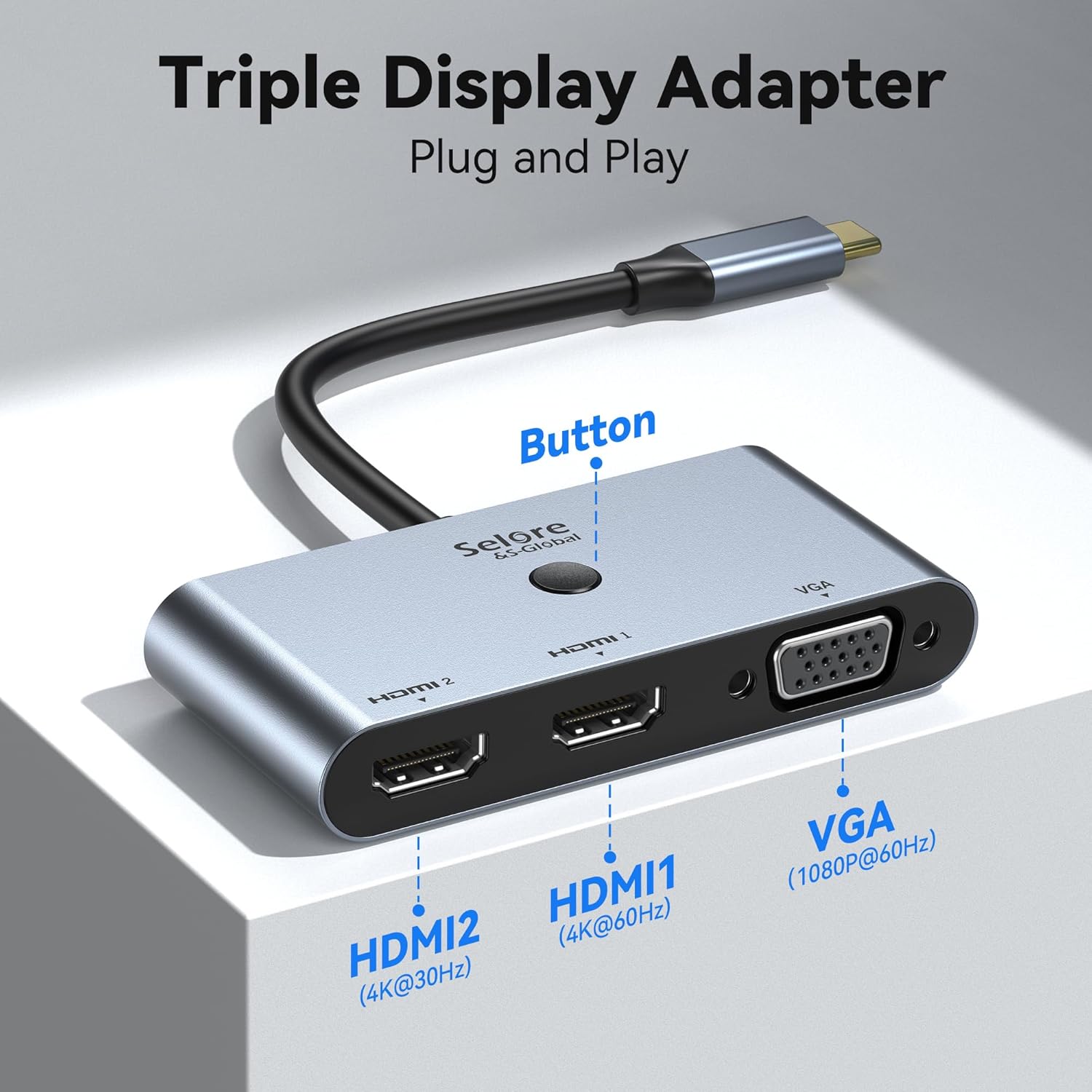 Selore USB C Docking Station 3 Monitors, USB C to Dual HDMI VGA Adapter with One-Touch Multi-Screen Switch and Screen On/Off Button, HDMI Splitter Converter for Dell, HP, Lenovo,MacBook Pro/Air, etc