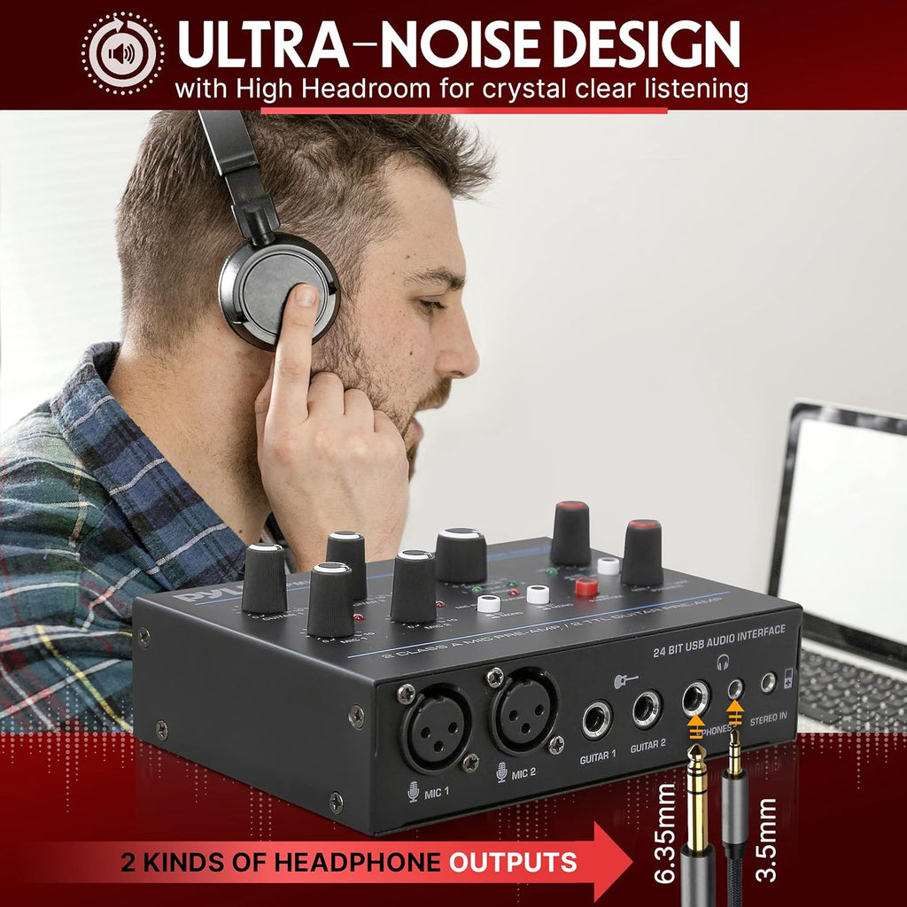 Pyle Professional USB Audio Interface with MIC, Guitar, AUX Stereo Inputs, Phone/Monitor Outputs, Ideal for Computer Playing & Recording, Compact Rugged Metal Housing - PMUX6