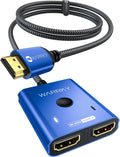 4K@60Hz HDMI Splitter Switch 2 in 1 Out, WARRKY [3.3ft Fixed Braided HDMI Cable, Aluminum Case, HDCP 2.2] Bidirectional 2x1 Switcher UHD Compatible for PS5/4, Nintendo Switch, Roku, FireStick – Blue