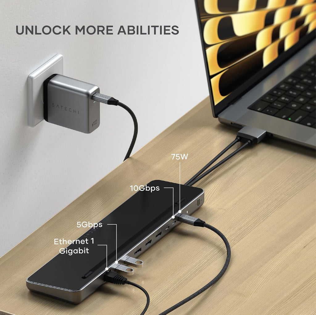 Satechi Dual USB C Docking Station and Stand with Dual 4K HDMI, Display Port, 75W USB-C PD Charging, 2 USBC Data, 2 USB-A, Ethernet, SATA and NVMe SSD Enclosure, for MacBook and Windows