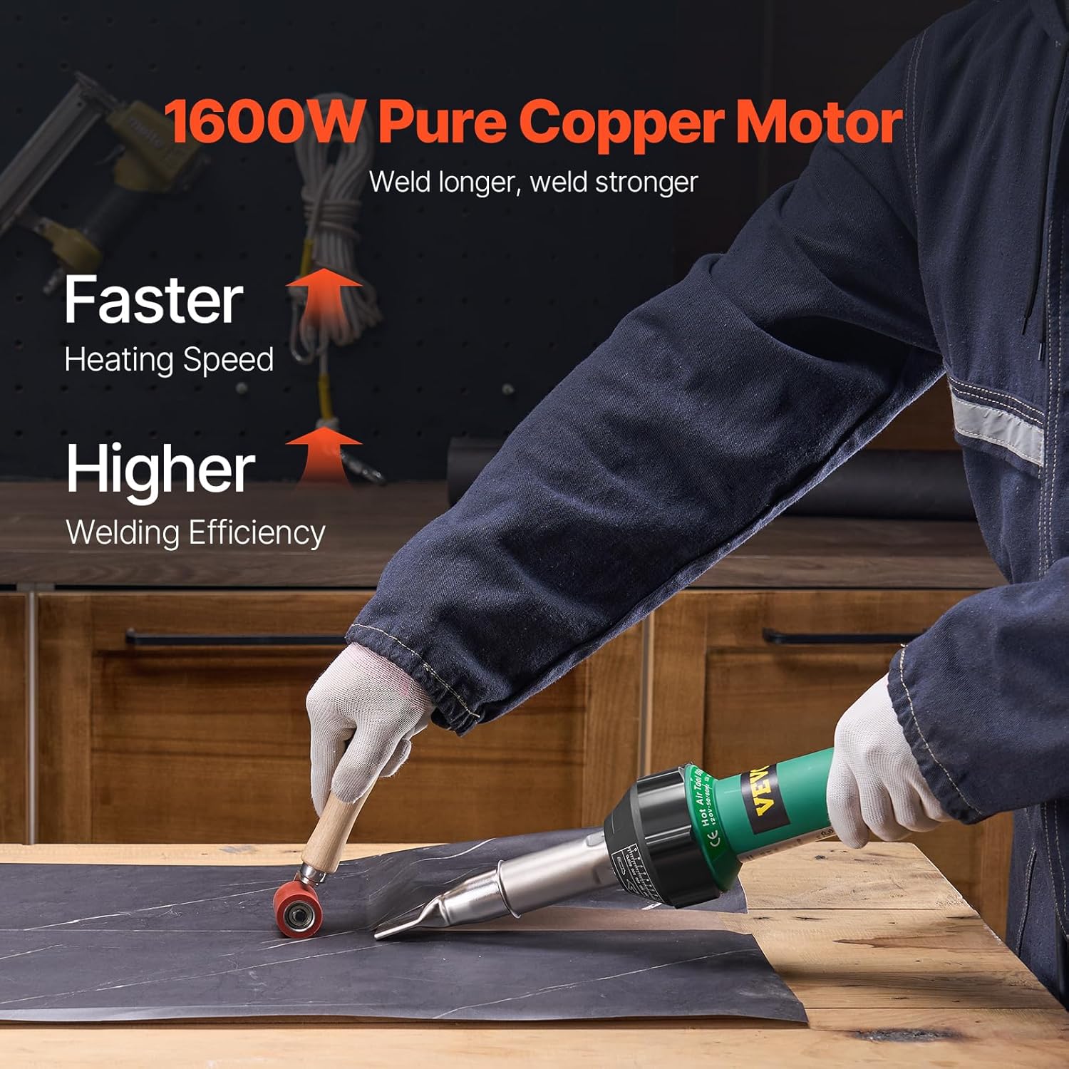 VEVOR Hot Air Plastic Welder, 1600W Hot Air Torch Pistol, 122-1112℉ PVC TPO Vinyl Heat Gun Welding Torch, Plastic Welding Roofing Kit with 4 Accessories - 2 Nozzles & 1 Seam Roller for PP/PE/PVC Sheet