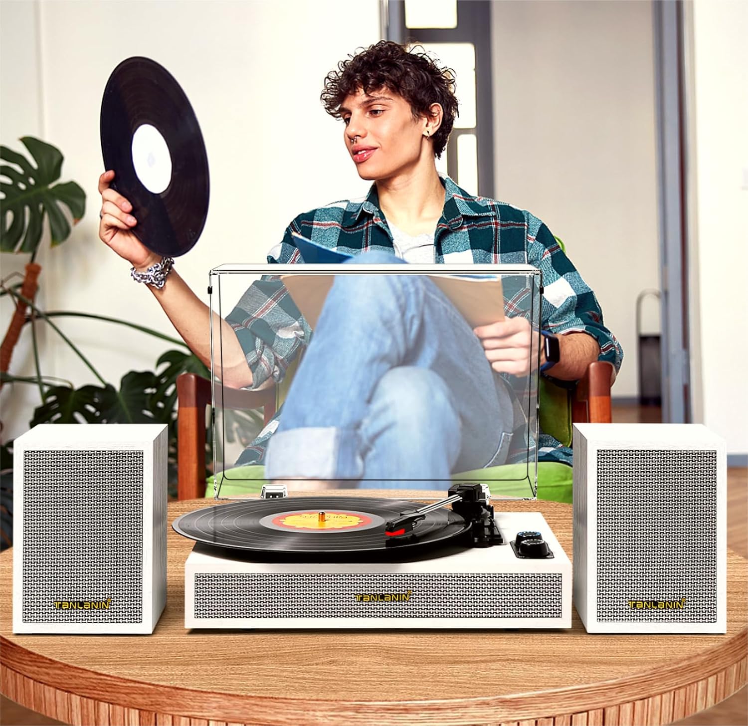 Vinyl Record Player with External Speakers, 3 Speed Vintage Belt Drive Turntable Record Player with Stereo Speakers RCA Audio Out and Aux-in, White Wood