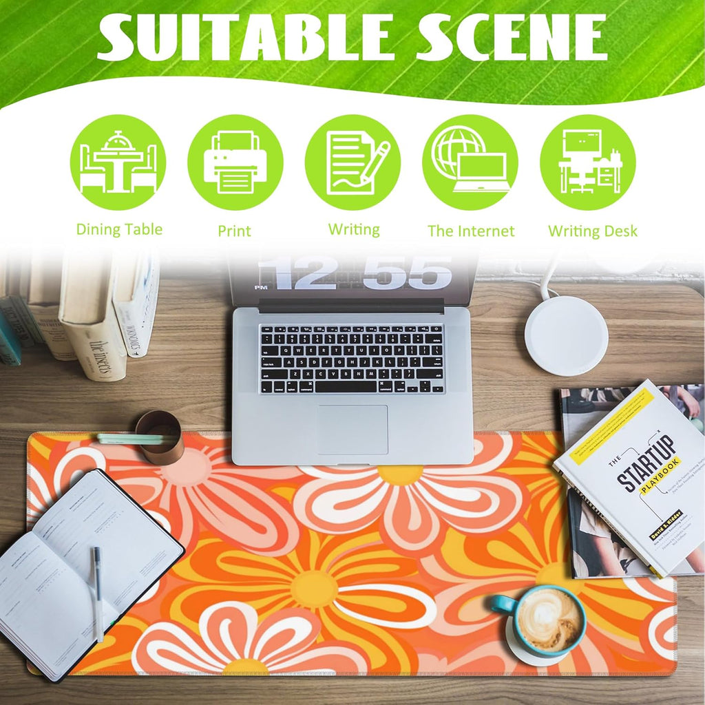 Desk Pad - Hippie Vintage Orange Flowers Desk Mat, Retro Floral Large Gaming Mouse Pad with Non-Slip Base and Stitched Edge, 31.5"x11.8"