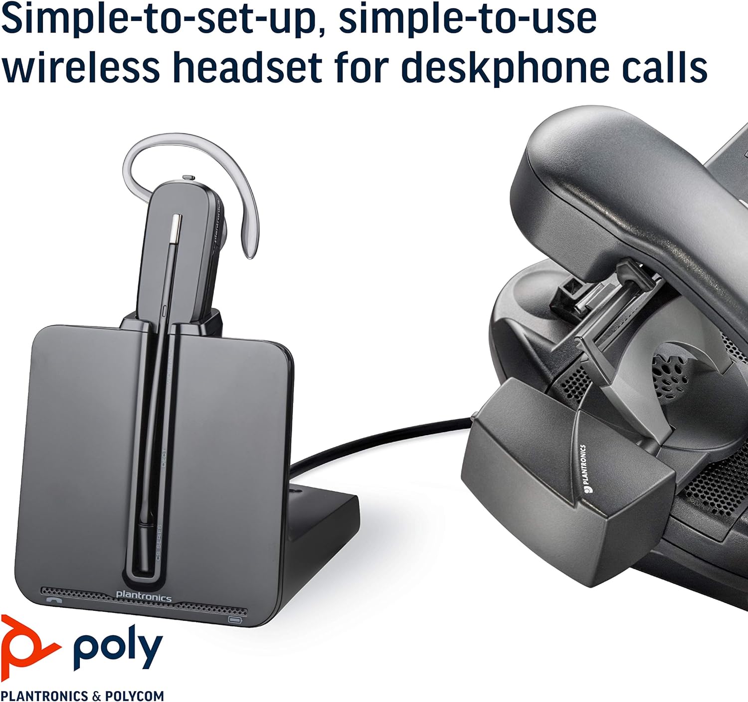 Plantronics - CS540 Wireless DECT Headset with Lifter (Poly) - Single Ear (Mono) Convertible (3 wearing styles) - Connects to Desk Phone - Noise Canceling Microphone