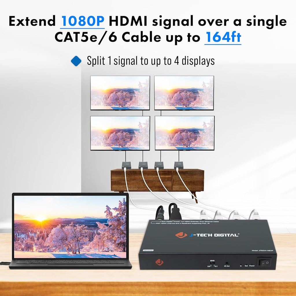 J-Tech Digital HDMI Extender Splitter 1x4 Over Single Cat5e/6 Ethernet Cable Up To 164ft. Supports PoC HDMI Loopout IR Control EDID Switch