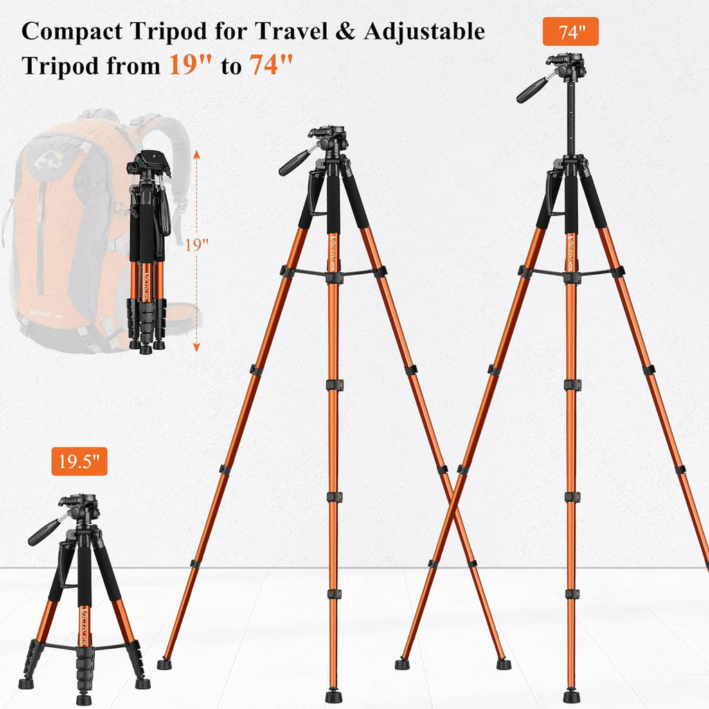 Victiv Tripod 74-Camera-Tripod for Cell Phone, Aluminum Professional Heavy Duty Camera Tripod Stand, Tripod for Camera DSLR SLR with Carry Bag, Compatible with Canon Nikon iPhone