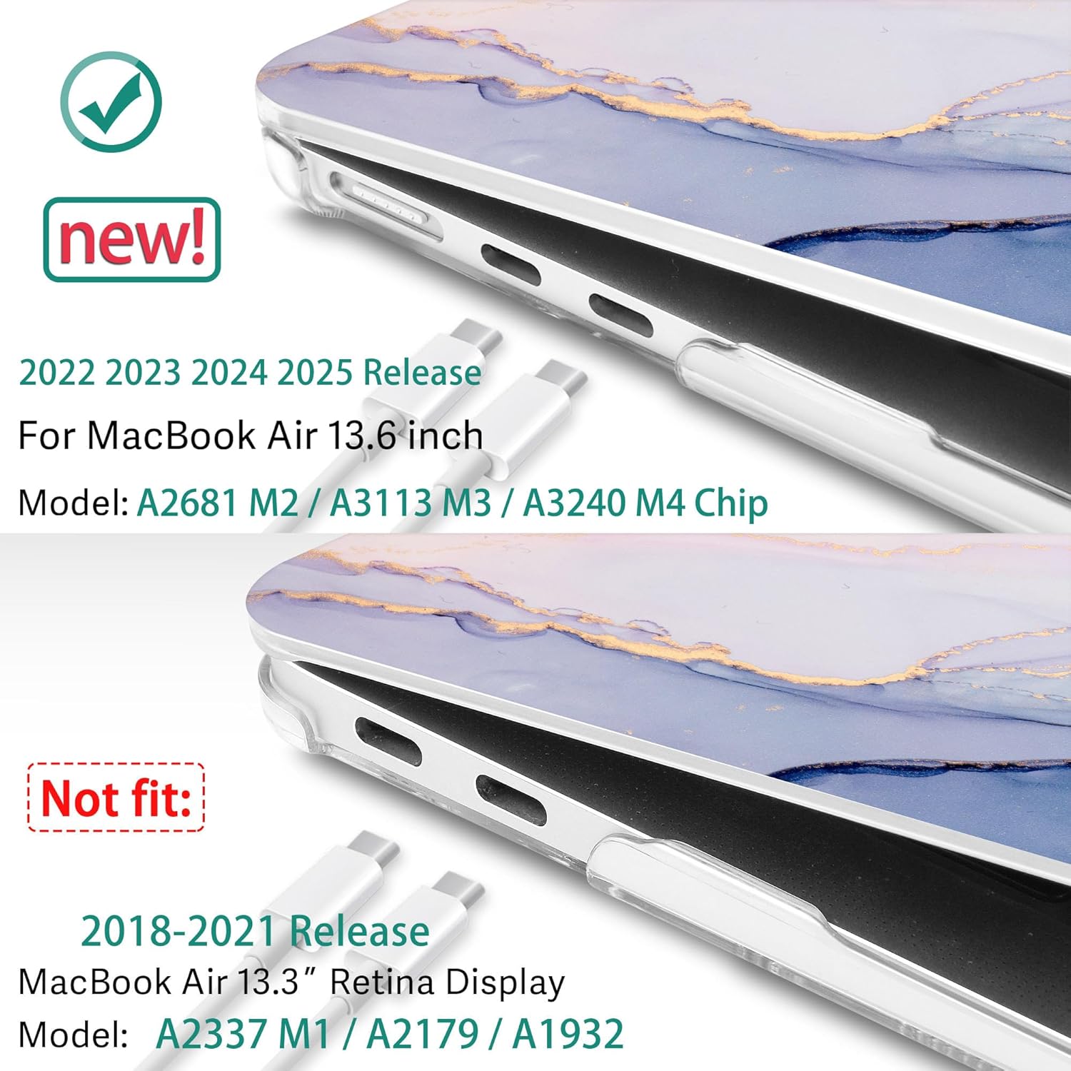 May Chen for MacBook Air 13.6 inch Case A3240 M4 A3113 M3 A2681 M2 with Retina Dispaly, 2025 2024 2023 2022 Release, Plastic Hard Shell Case with Screen Protector & Keyboard Cover, Gentle Marble