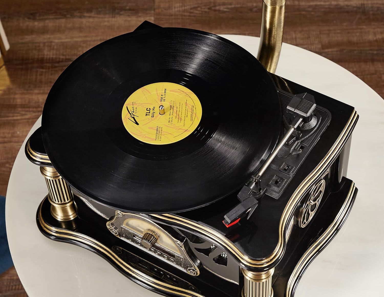 Vintage Gramophone with Bluetooth Output Vintage Record Players Retro Gramophone Turntables for 7" 9" 12" Vinyl Records 3 Speed, Hi-Fi, Handcrafted by Pure Oak (Black)