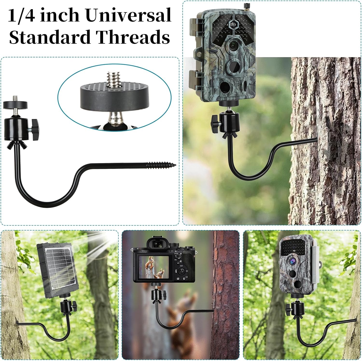 3 Pcs Trail Camera Tree Mount,1/4 in Screw,360° Adjustable Screw Security Cam Mount for Game Cameras, Solar Panels, etc, Easy to Install & Heavy Duty
