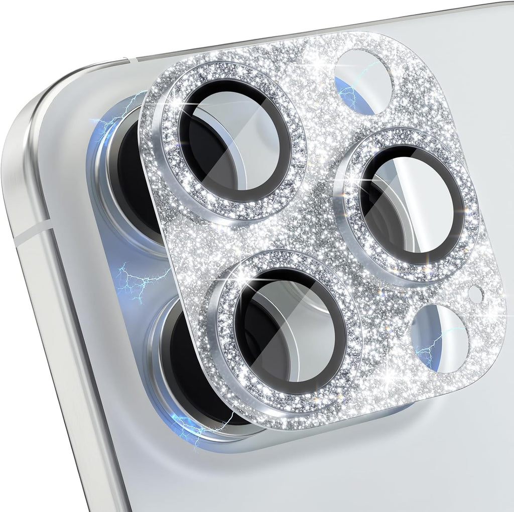 Choiche Compatible for iPhone 16 Pro/iPhone 16 Pro Max Camera Lens Protector, Bling Camera Cover with 9H Tempered Glass Lens Screen Protector Metal Ring Decoration Accessories (Glitter-Silver)