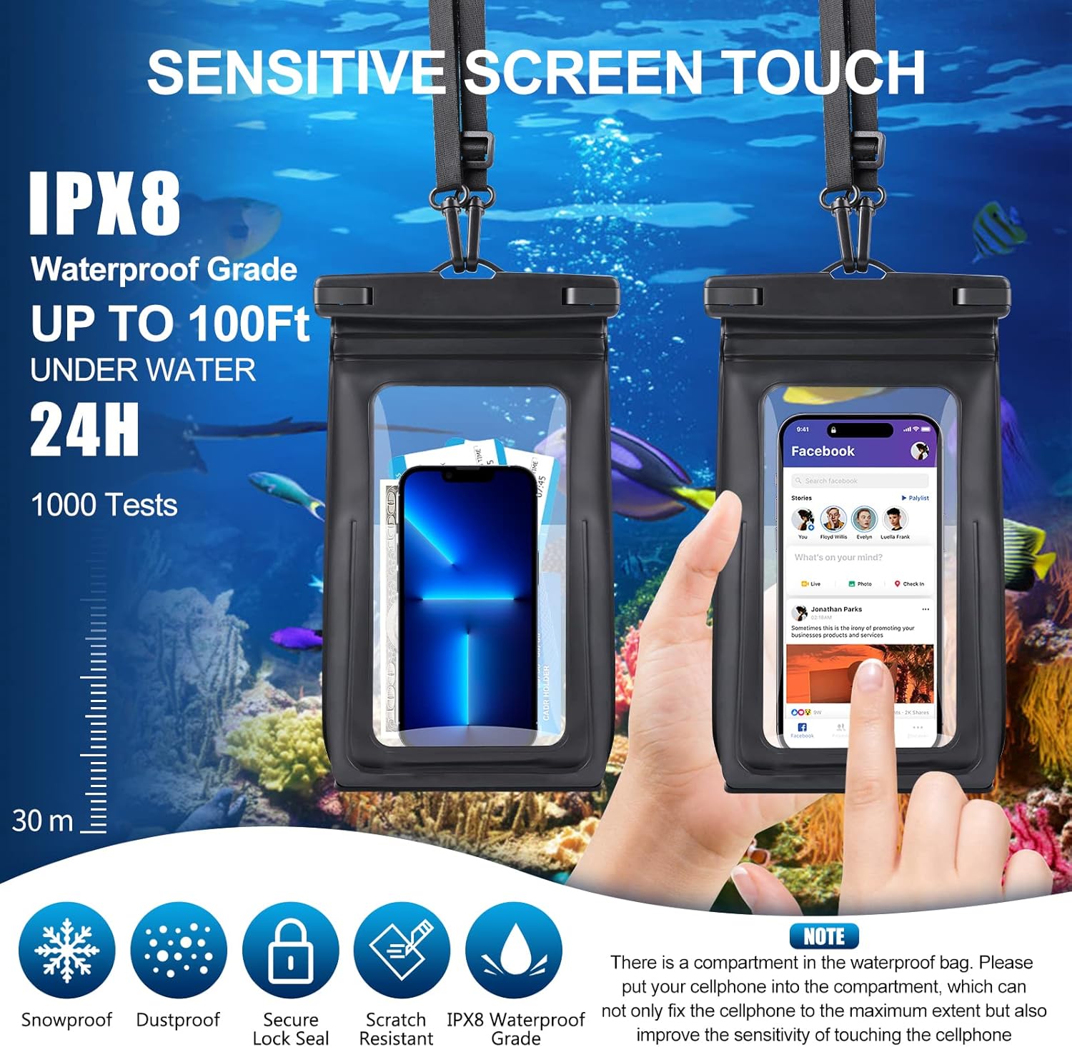 Waterproof Phone Pouch for Cruise Ship Essentials 2024 Woman, Large Waterproof Cellphone Dry Bag Floating for iPhone 16 15 14 13 12 11 Pro Max Galaxy S20-S24, Up to 7" IPX8 HD Touch Protector 2 Pack