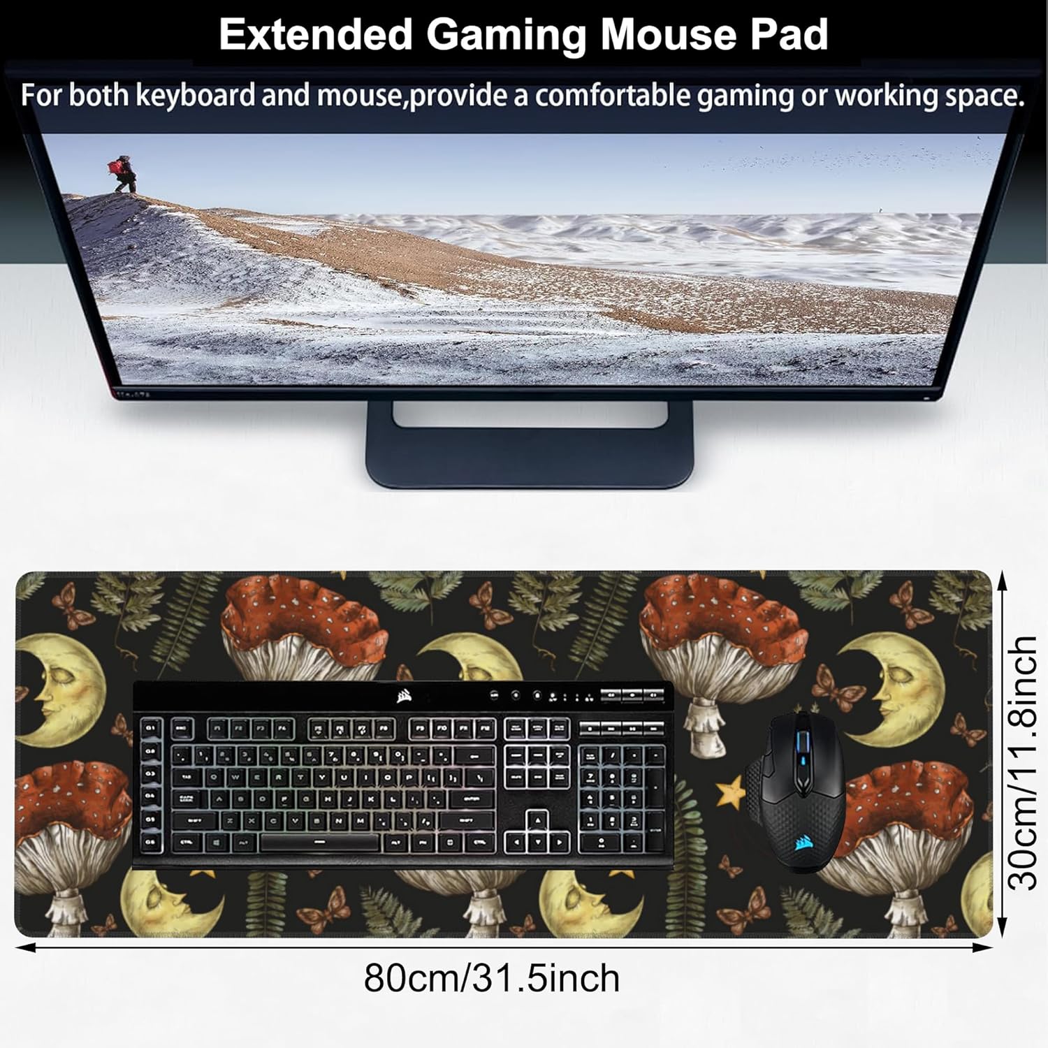 Vintage Magic Forest Desk Mat,Large Moon Amanita Mushroom and Forest Botanical Gaming Keyboard Mouse Pad,Non-Slip Rubber Base Desk Pad Thick Stitched Edges Waterproof Mousepad Mouse Mat 31.5"x11.8"