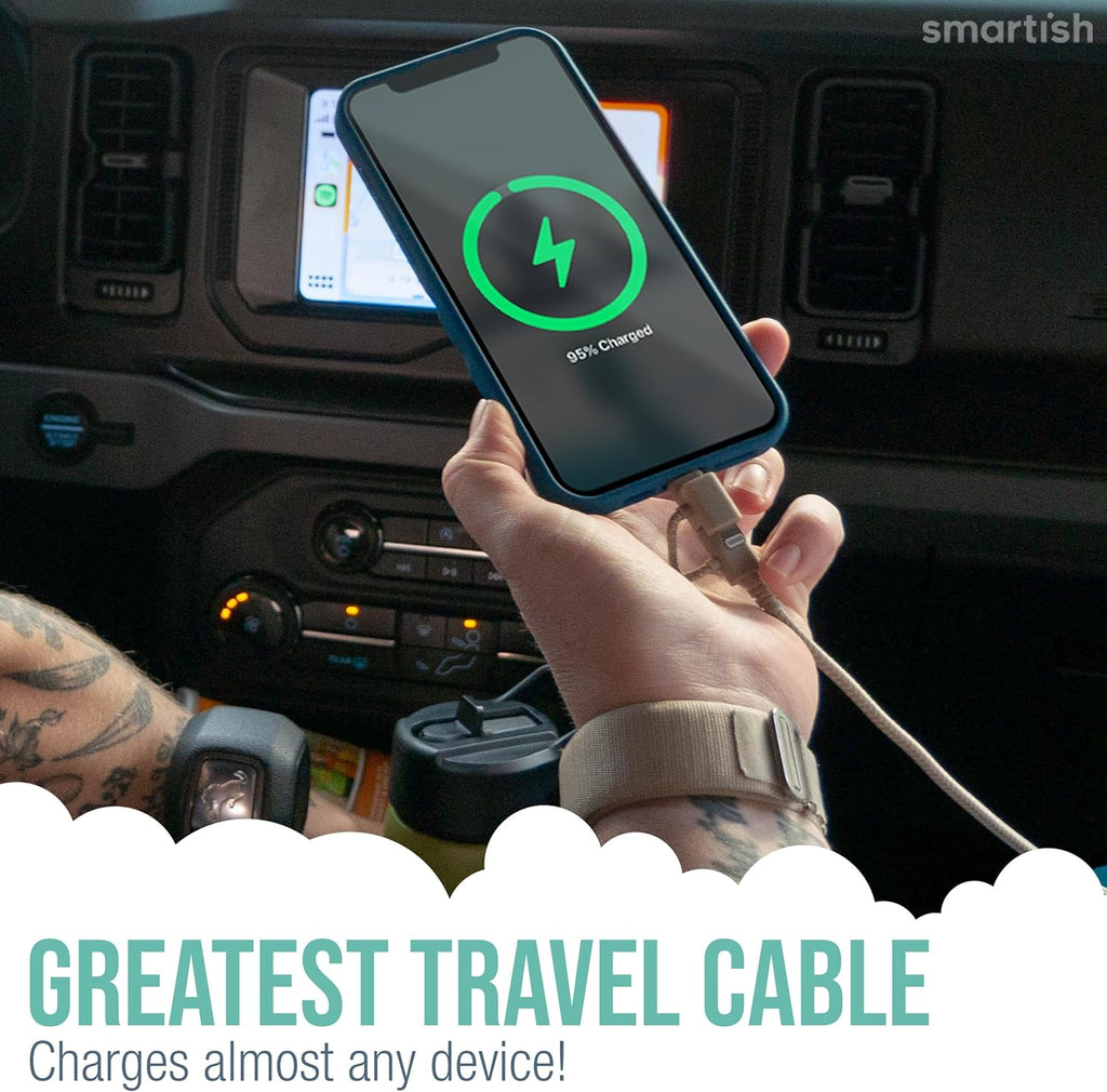 Smartish USB-C/Lightning Cable for iPhone 16/15/14 - Crown Joule - 6Foot Universal Fast Fabric Wrapped Charging Cable w/Micro-USB - Apple MFi Certified for iPhone 13/12/SE/iPad/AirPods/Android - Black