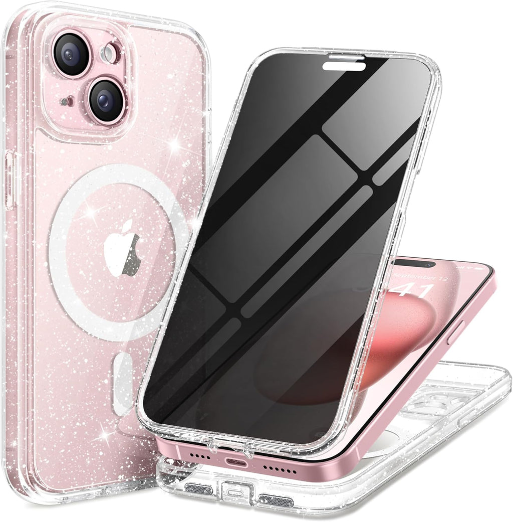 Magnetic for iPhone 15 Plus Case, Compatible with MagSafe, Built-in Privacy Screen Protector and Camera Protection, Anti Spy Full Body Dustproof Shockproof Hard Phone Case 6.7", Shiny Clear